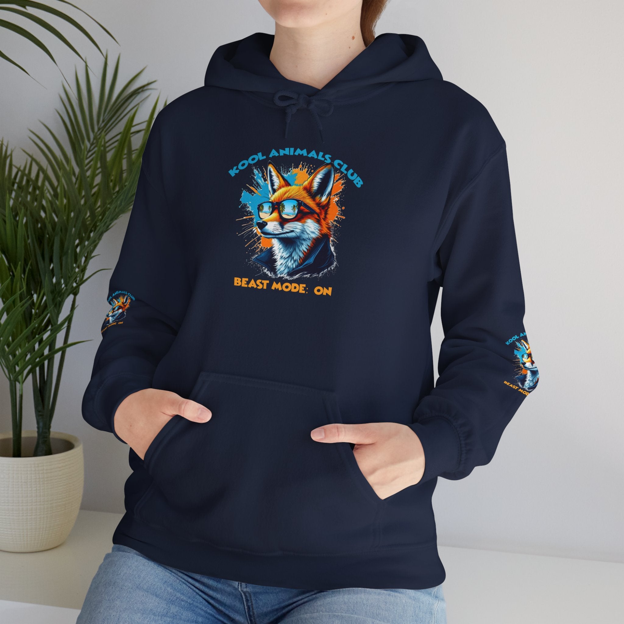Kool Animals Club Hoodie with Cool Fox in Sunglasses and ‘Beast Mode On’ Design, Unisex Sweatshirt for Animal Lovers, Casual Streetwear, Perfect Gift for Holidays on sale at MyriadMart