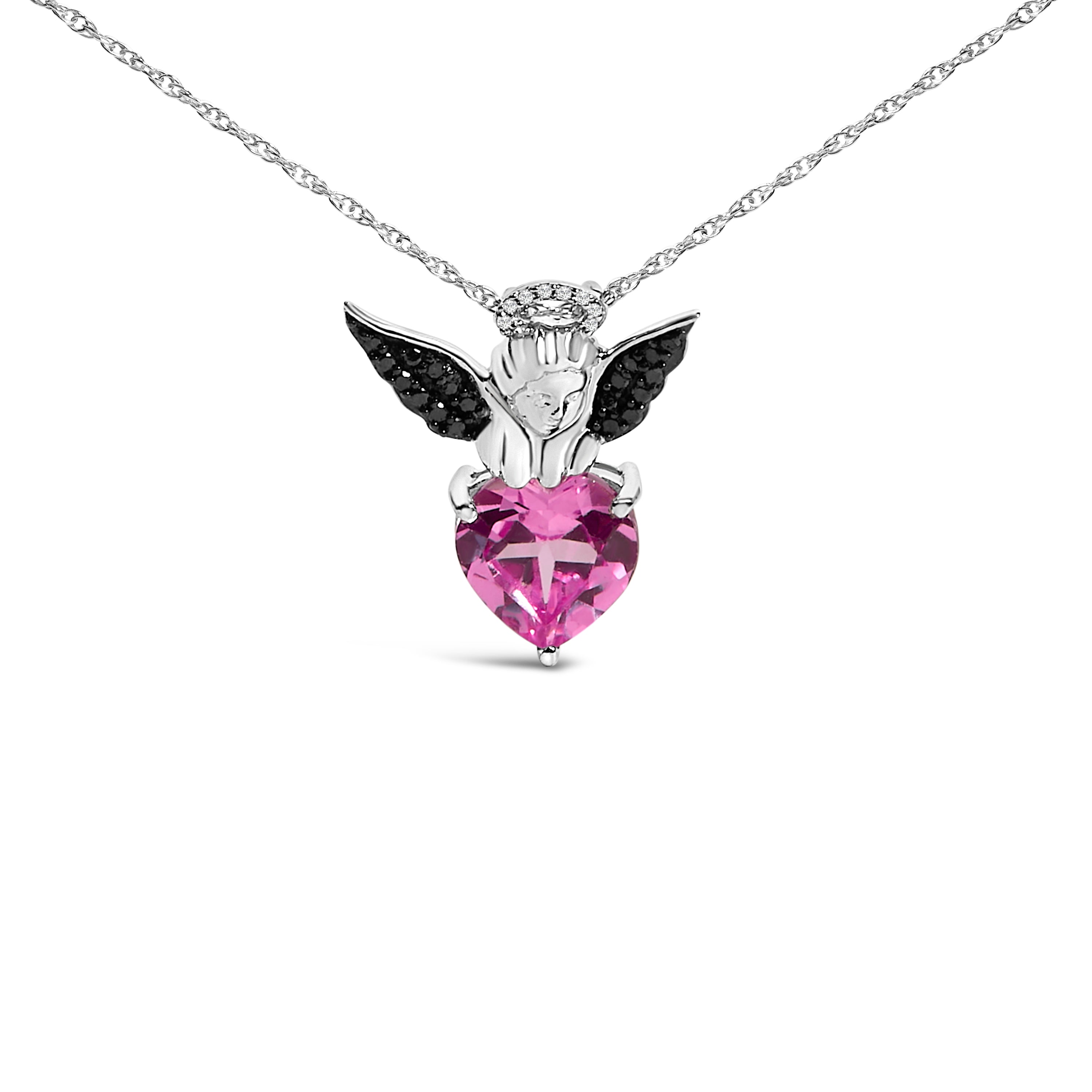 Sterling Silver Diamond Accent & Created Pink Sapphire Angel Heart Pendant Necklace on sale at MyriadMart