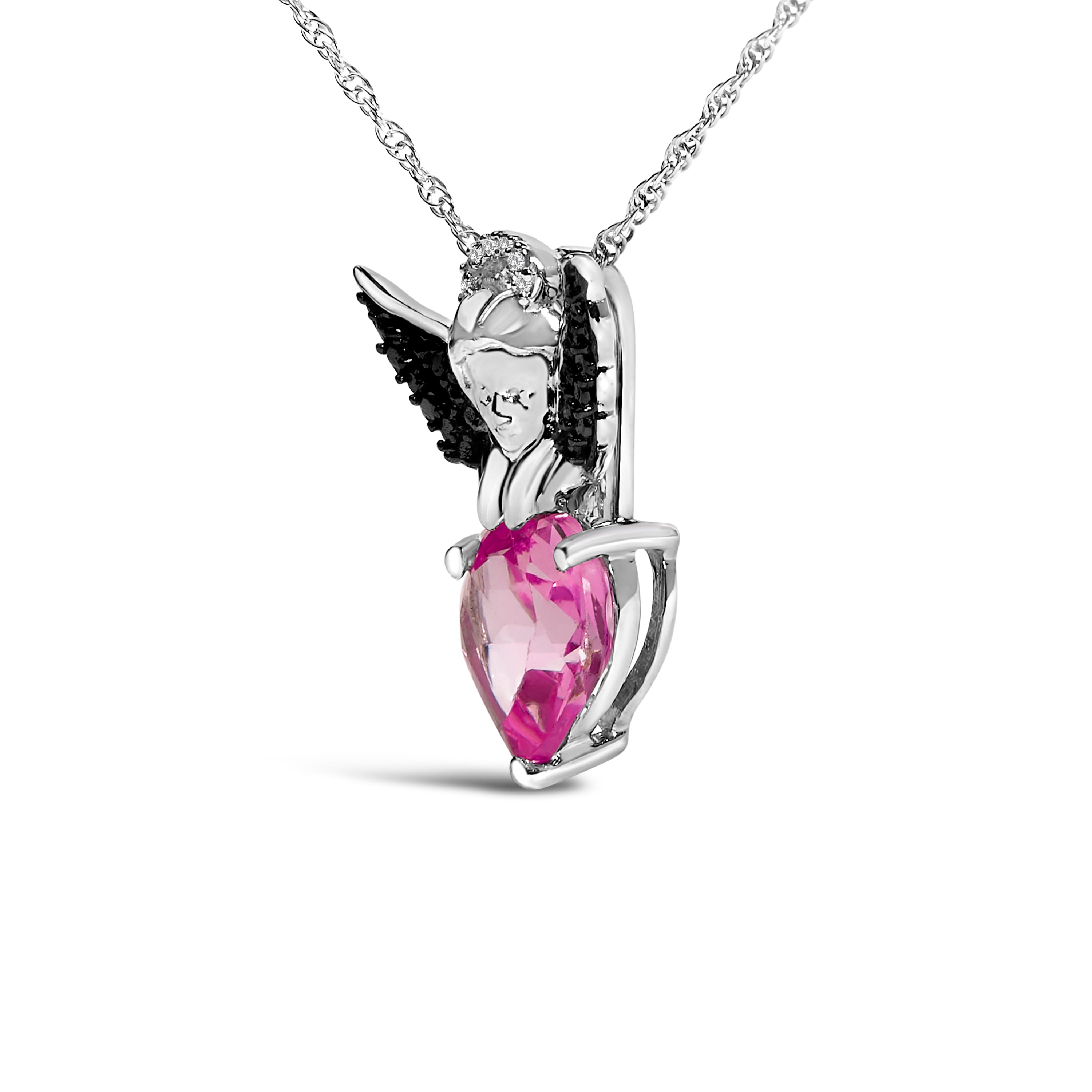 Sterling Silver Diamond Accent & Created Pink Sapphire Angel Heart Pendant Necklace on sale at MyriadMart