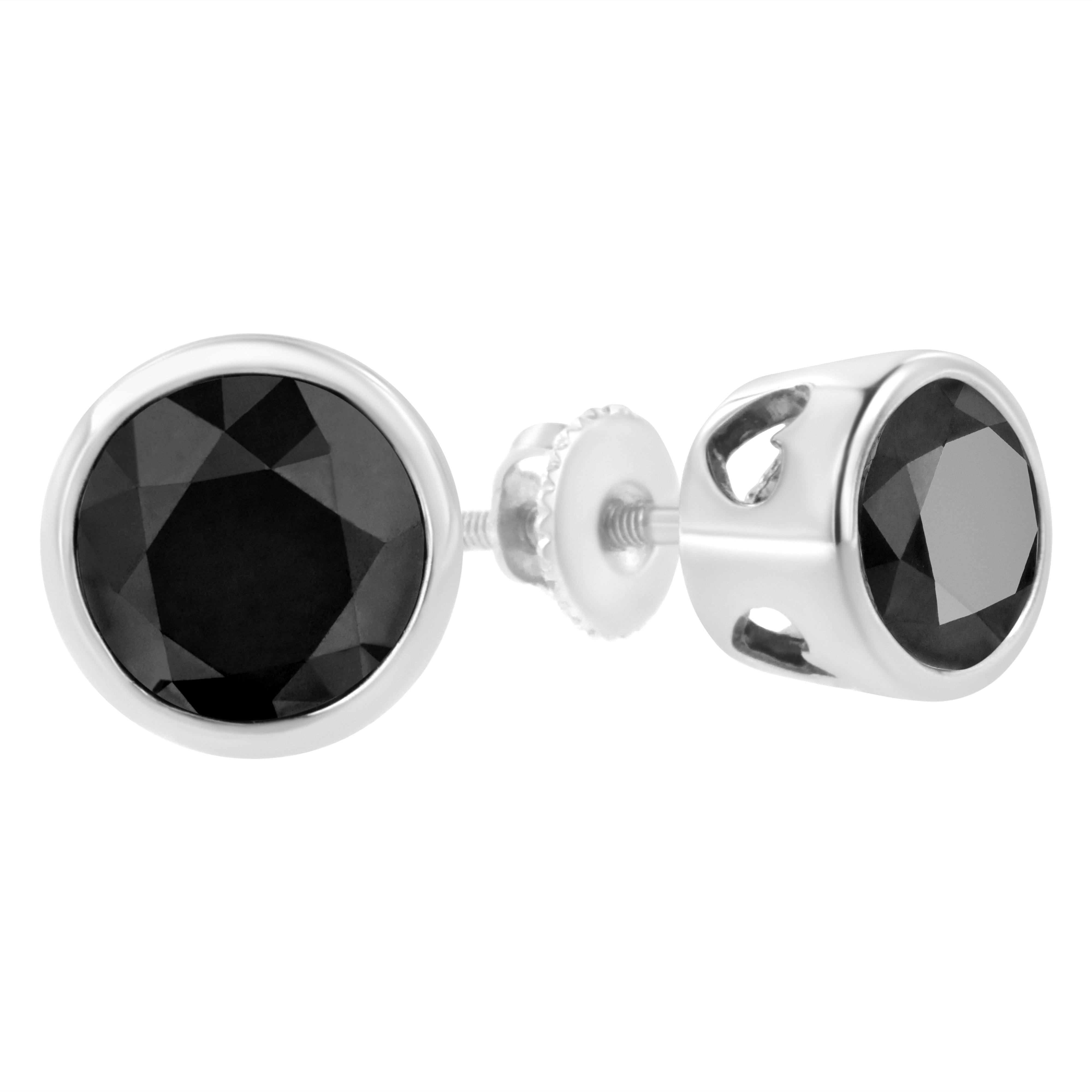 .925 Sterling Silver 4.00 Cttw Round Brilliant-Cut Black Diamond Bezel-Set Stud Earrings with Screw Backs Fancy Color-Enhanced, I2-I3 Clarity on sale at MyriadMart