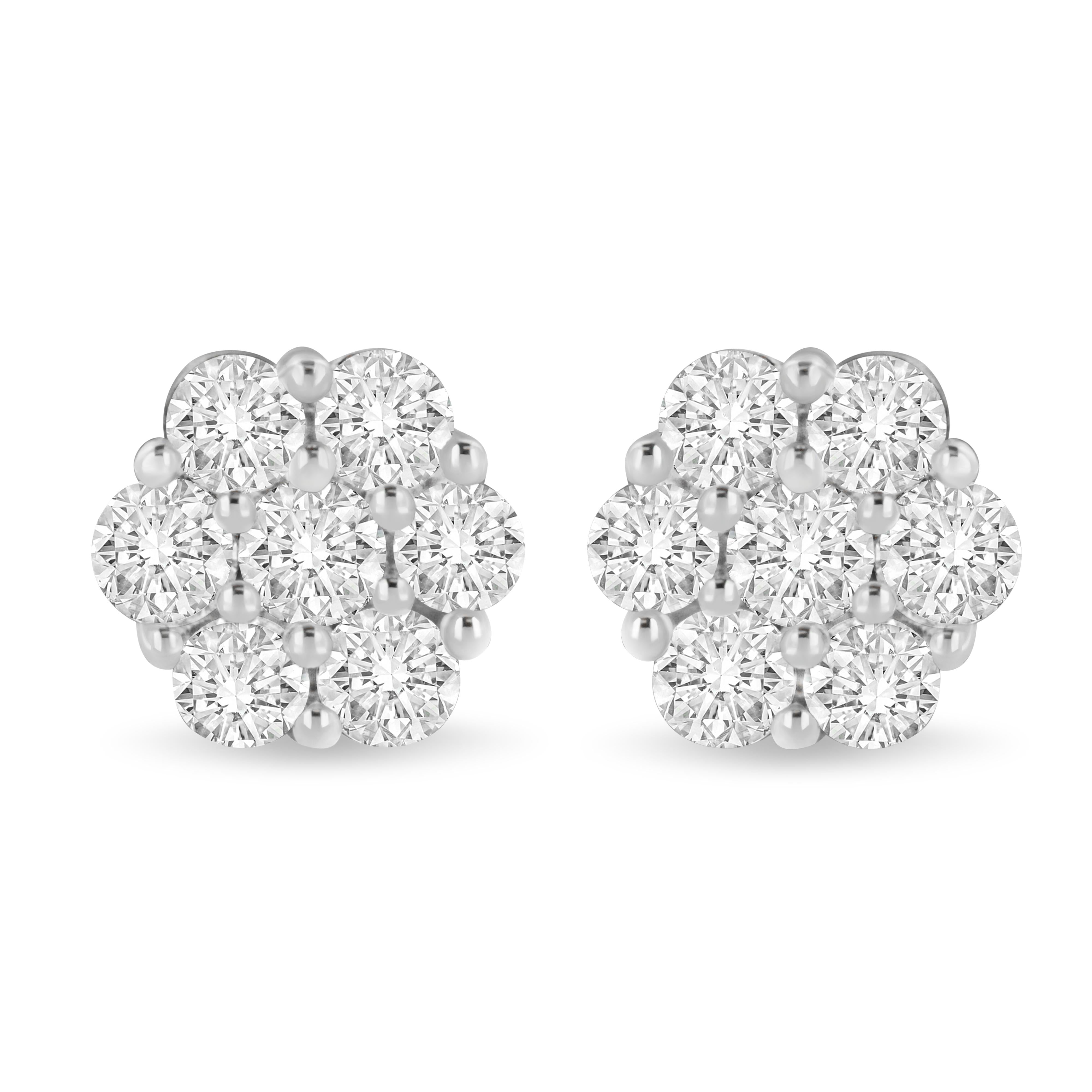 14K White Gold 3 cttw Prong Set Round-Cut Diamond Floral Cluster Stud Earring I-J Color, SI1-SI2 Clarity on sale at MyriadMart