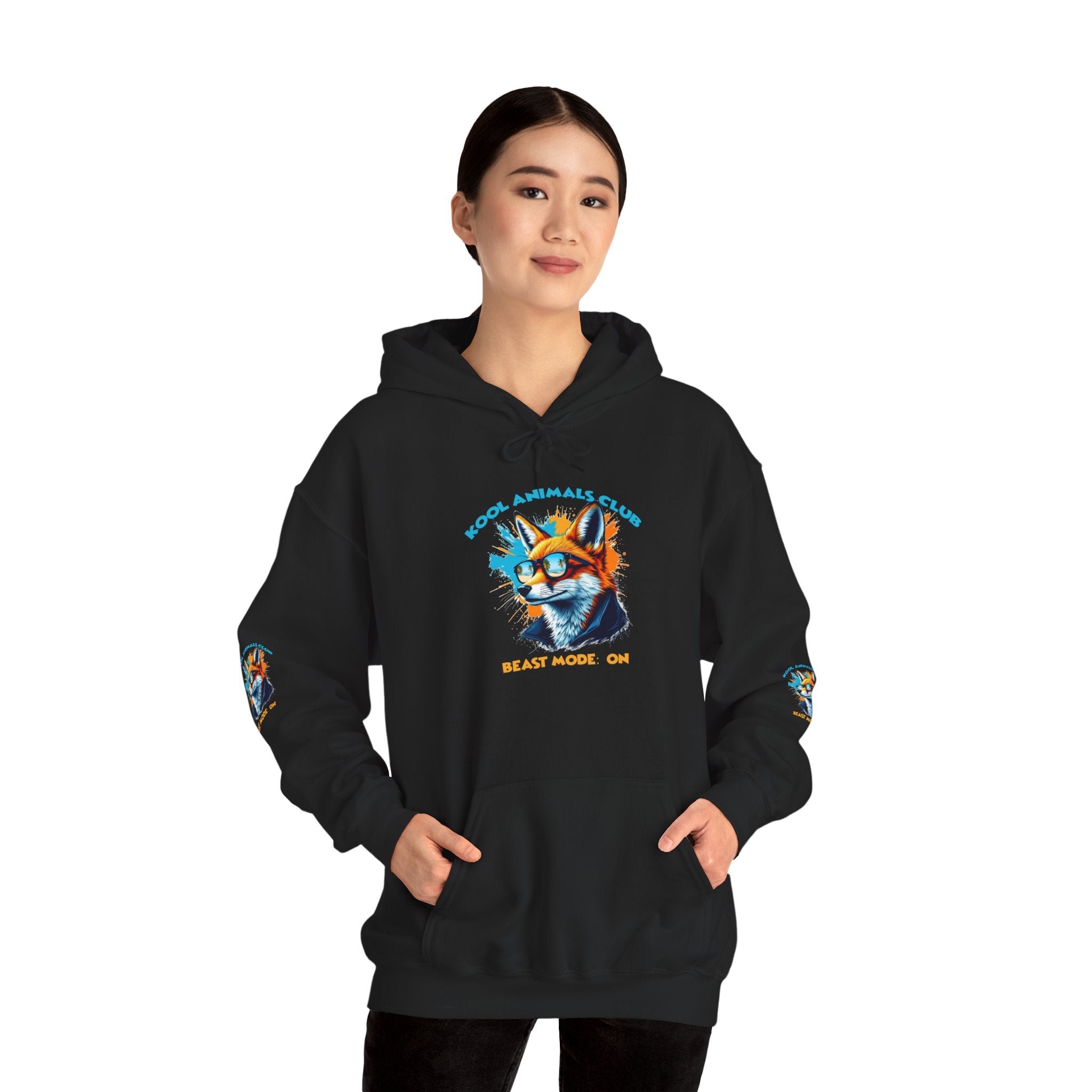 Kool Animals Club Hoodie with Cool Fox in Sunglasses and ‘Beast Mode On’ Design, Unisex Sweatshirt for Animal Lovers, Casual Streetwear, Perfect Gift for Holidays - MyriadMart