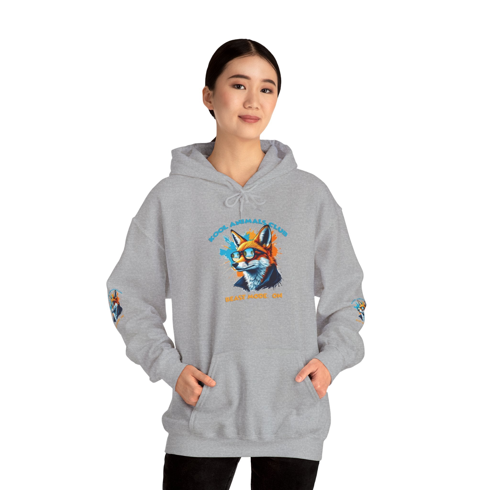Kool Animals Club Hoodie with Cool Fox in Sunglasses and ‘Beast Mode On’ Design, Unisex Sweatshirt for Animal Lovers, Casual Streetwear, Perfect Gift for Holidays on sale at MyriadMart