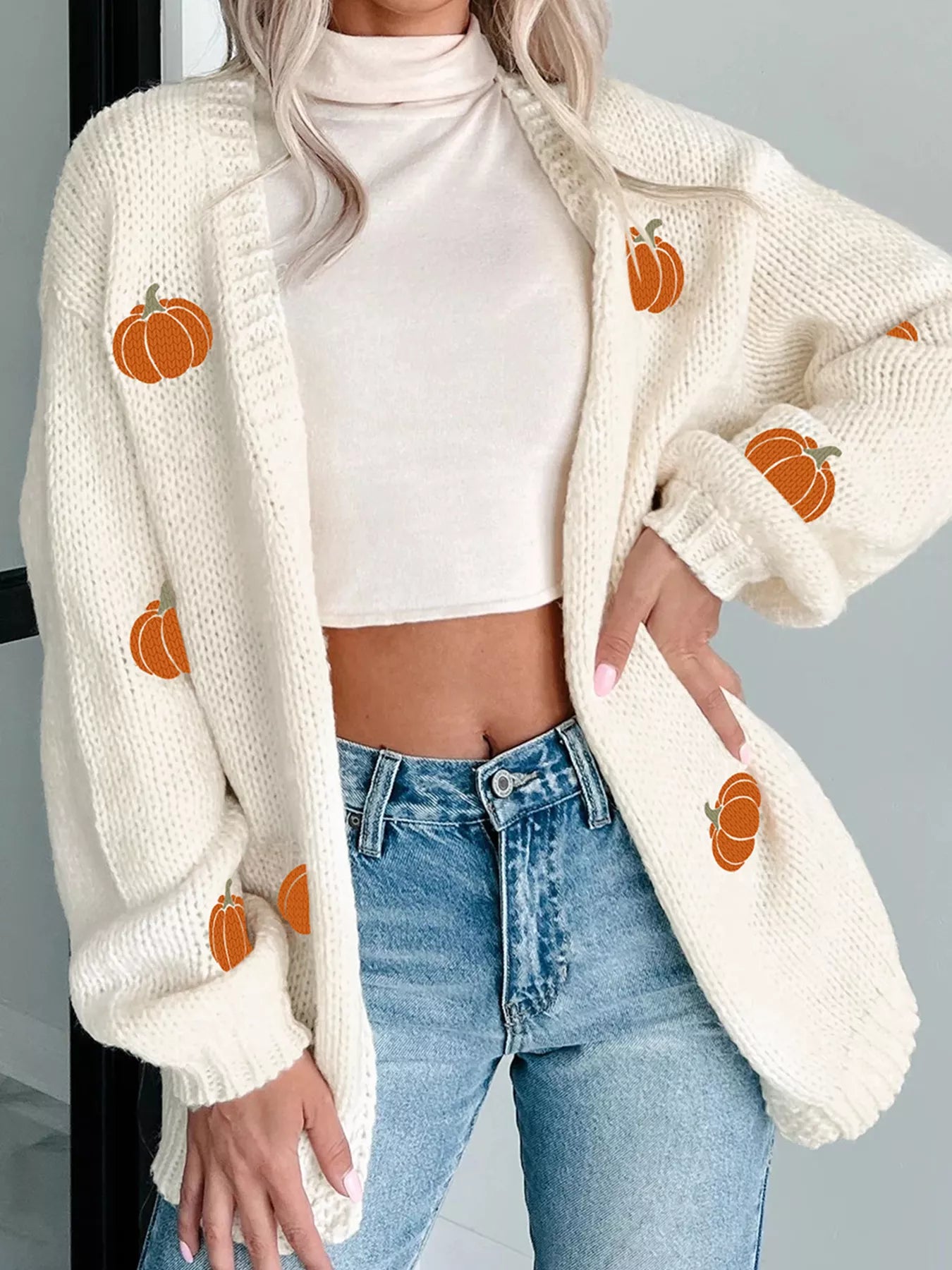 Halloween Pumpkin Embroidered Knit Cardigan - MyriadMart