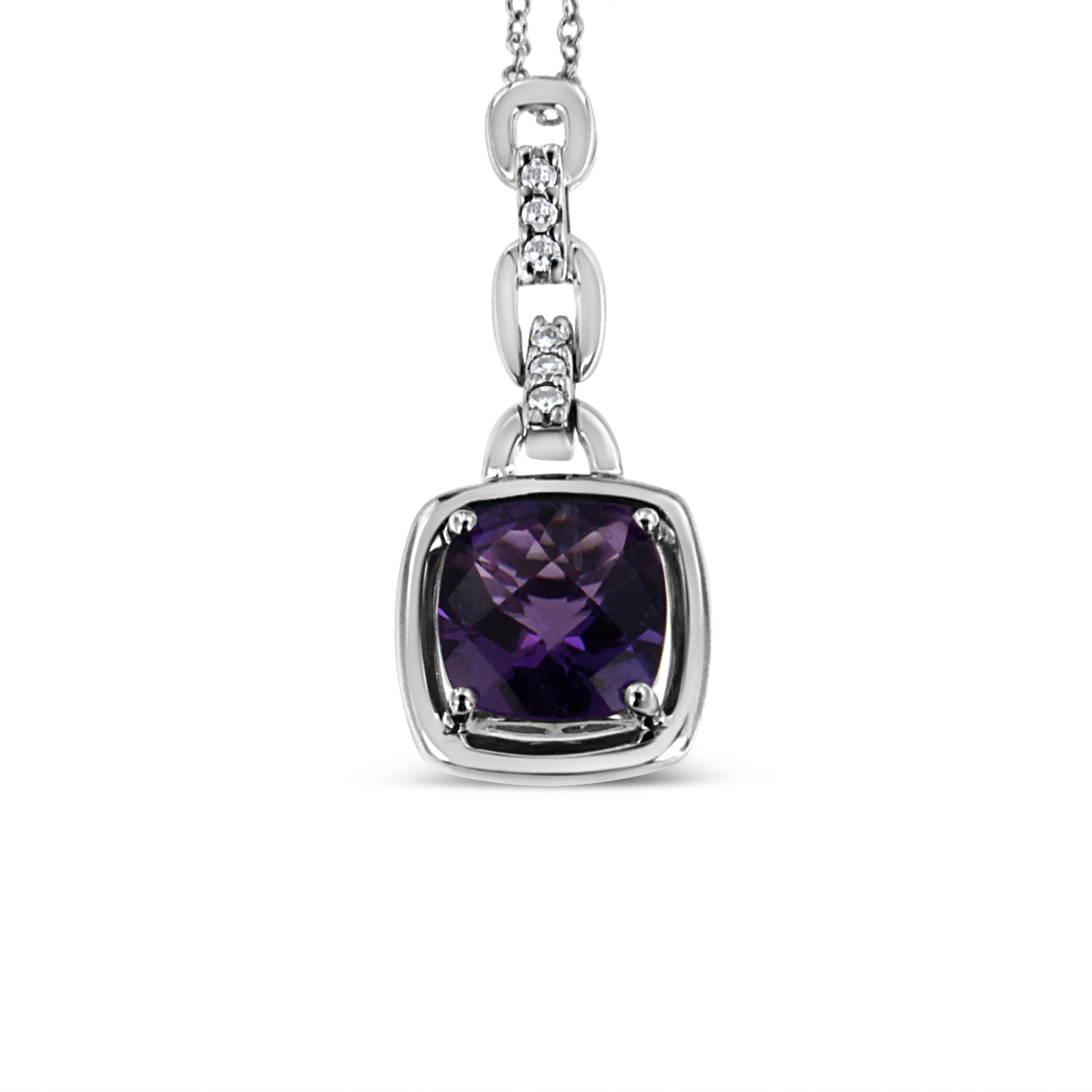 .925 Sterling Silver 6x6MM Cushion Shaped Natural Purple Amethyst and Diamond Accented Bale 18" Inch Pendant Necklace I-J Color, I1-I2 Clarity on sale at MyriadMart