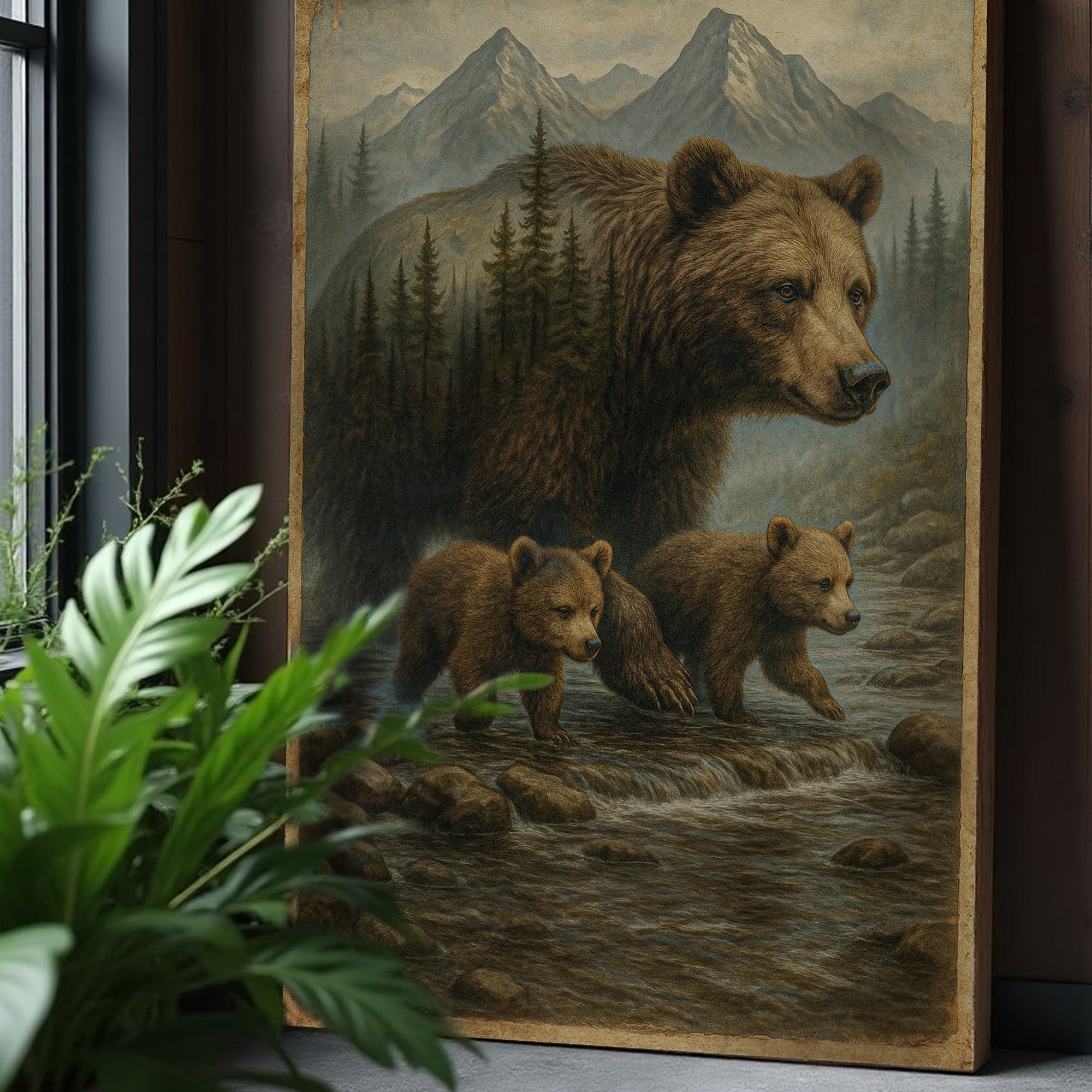 Mother Bear and Cubs Crossing Double Exposure Wall Art on sale at MyriadMart