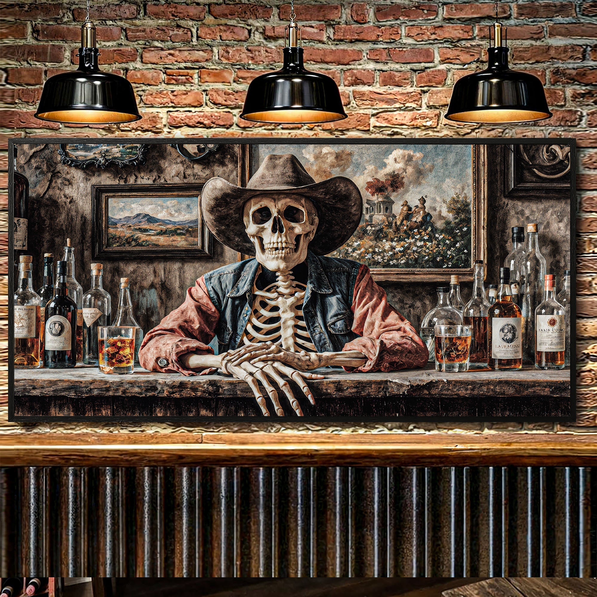 Skeleton Cowboy Barman At Western Saloon Wall Art on sale at MyriadMart
