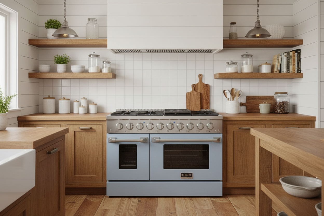 Kucht 48" Propane Range in Stainless Steel, Light Blue Doors, KNG481/LP-LB on sale at MyriadMart