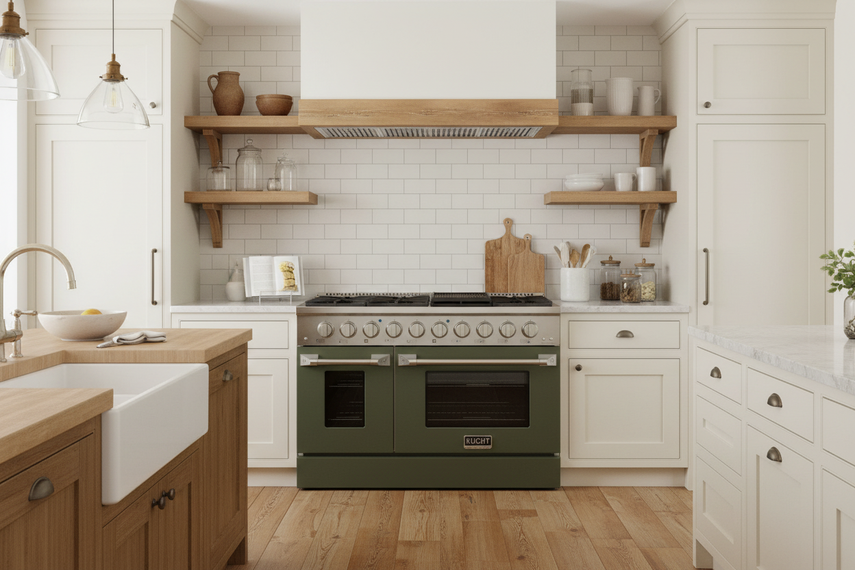 Kucht 48" Propane Range in Stainless Steel, Olive Green Doors, KNG481/LP-OG on sale at MyriadMart