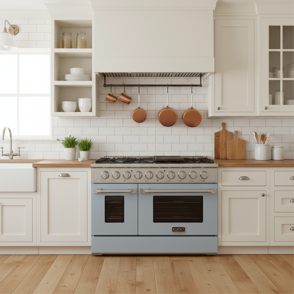 Kucht 48" Gas Range in Stainless Steel with Light Blue Oven Doors, KNG481-LB on sale at MyriadMart