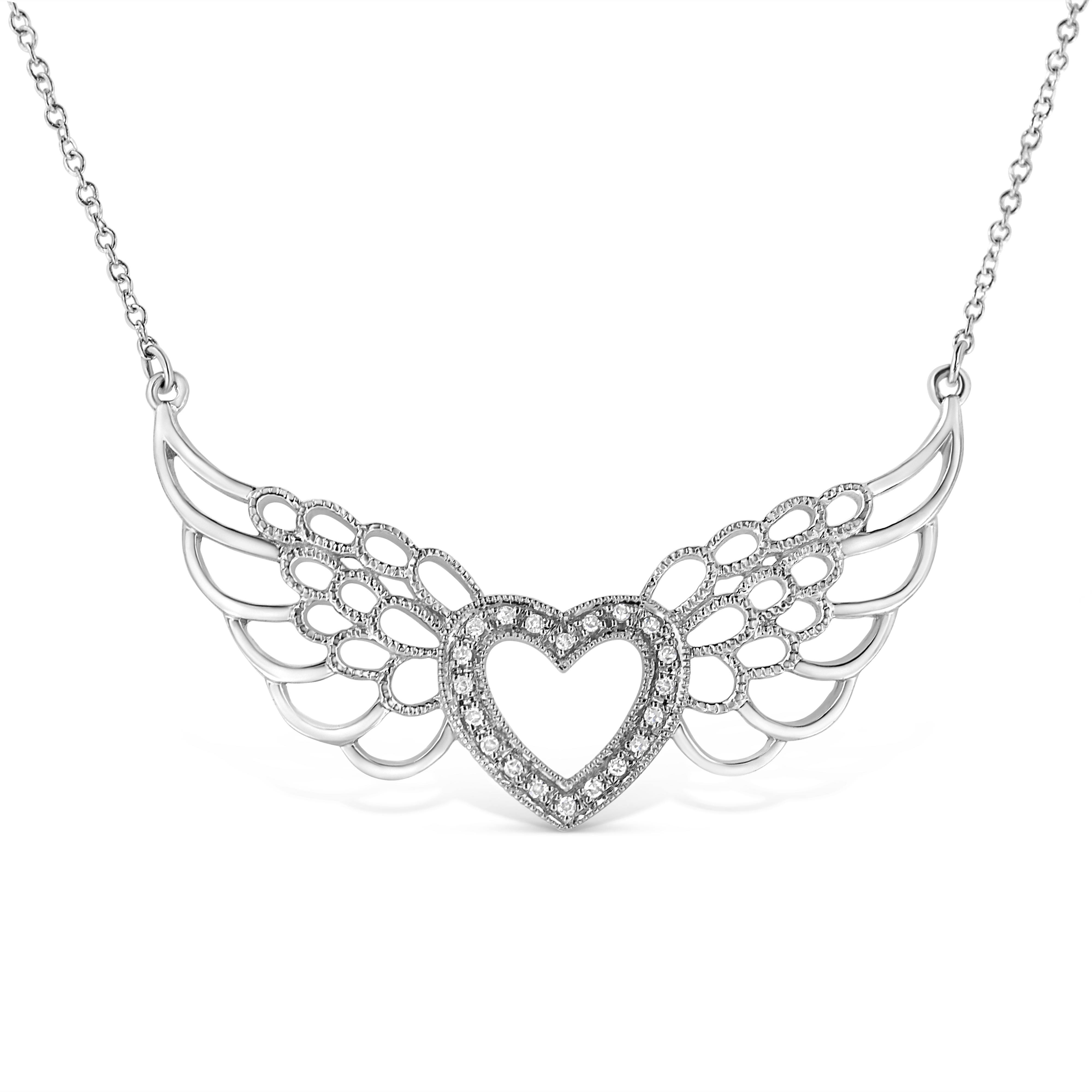 .925 Sterling Silver Pave-Set Diamond Accent Fairy Wing 18" Heart Pendant Necklace I-J Color, I1-I2 Clarity on sale at MyriadMart