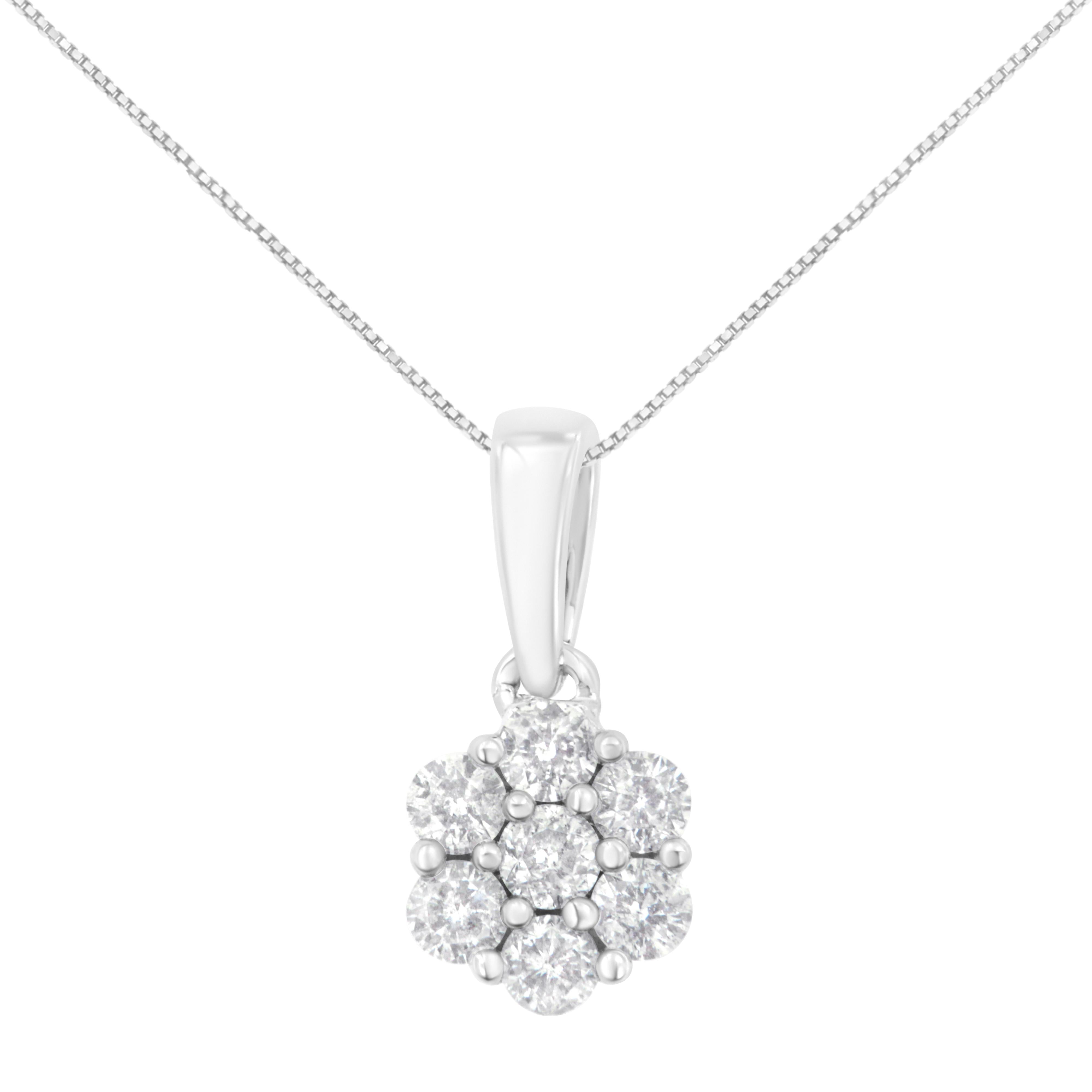 14K White Gold 1/2 cttw Prong Set Round-Cut Diamond 7 Stone Floral Cluster 18" Pendant Necklace H-I Color, I1-I2 Clarity on sale at MyriadMart