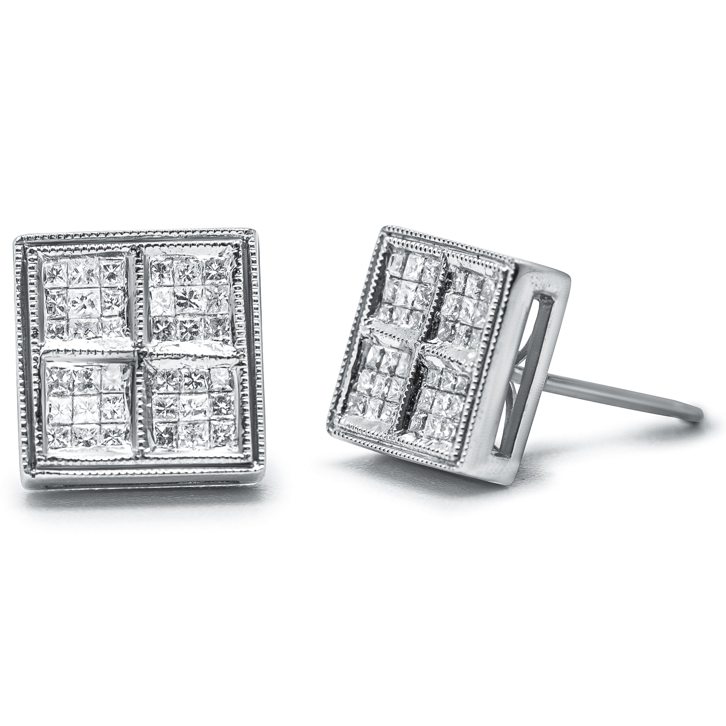 14K White Gold 1/2 Cttw Princess Diamond Composite Box Shape Milgrain Stud Earrings H-I Color, SI1-SI2 Clarity on sale at MyriadMart