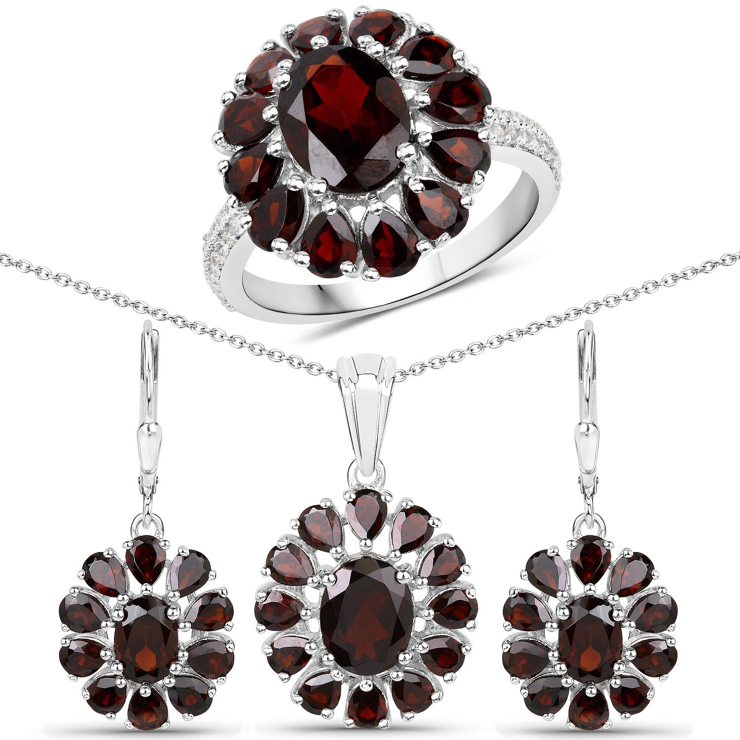 13.82 Carat Genuine Garnet and White Topaz .925 Sterling Silver 3 Piece Jewelry Set Ring, Earrings, and Pendant w/ Chain on sale at MyriadMart