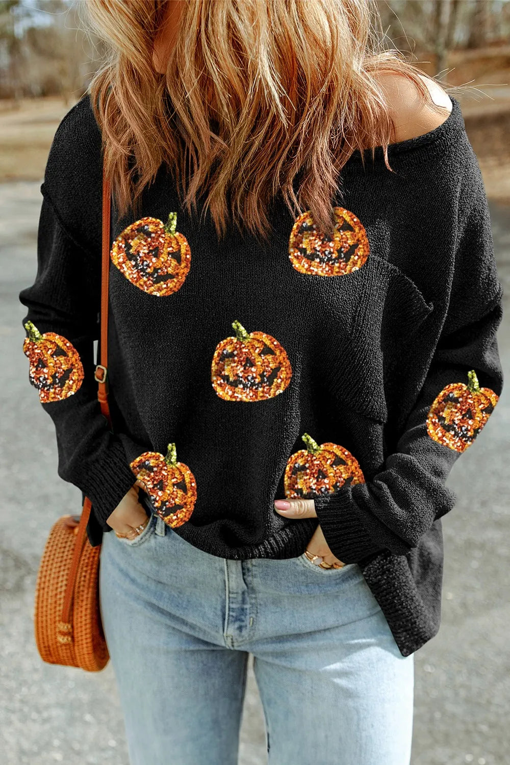 Pumpkin Round Neck Long Sleeve Knit Top - MyriadMart