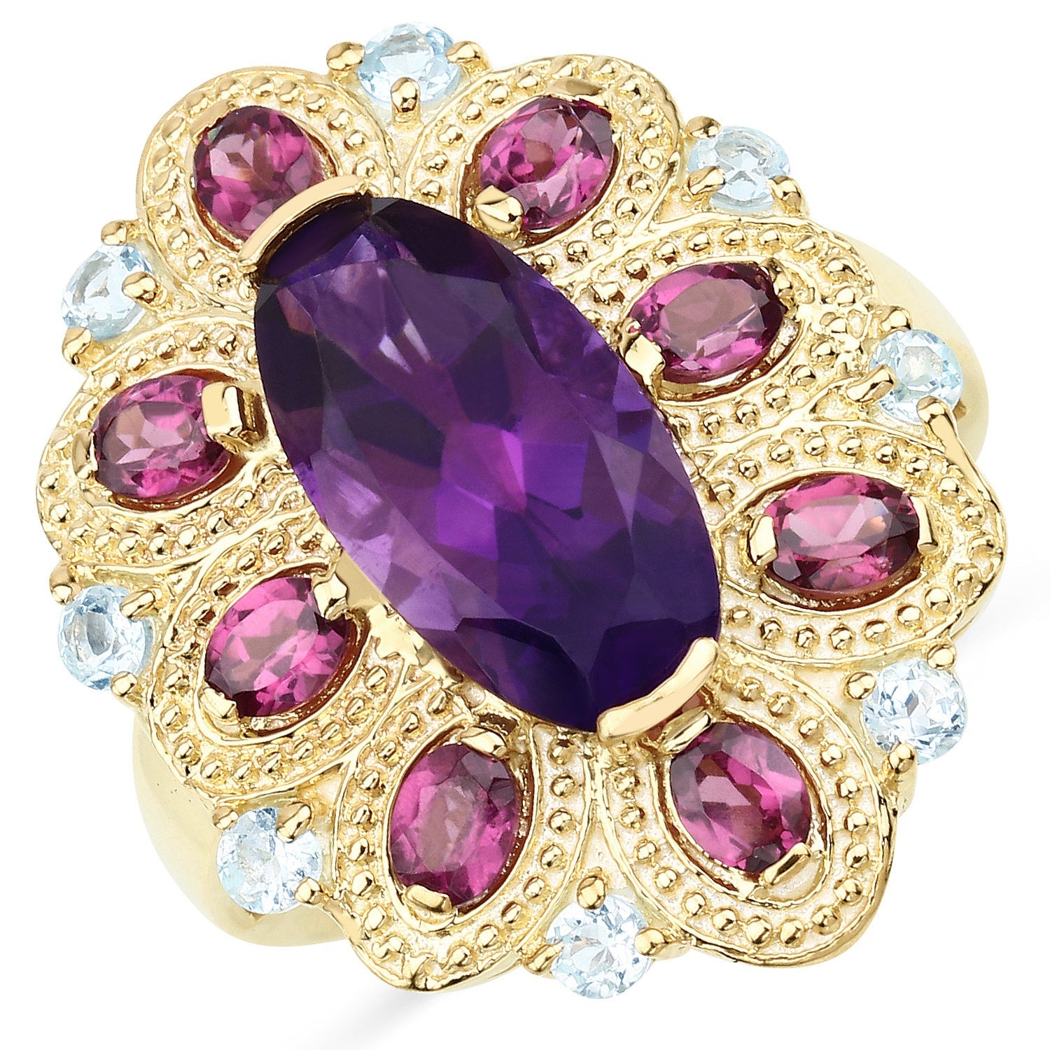 6.80 Carat Genuine Amethyst, Rhodolite and Blue Topaz .925 Sterling Silver Ring on sale at MyriadMart
