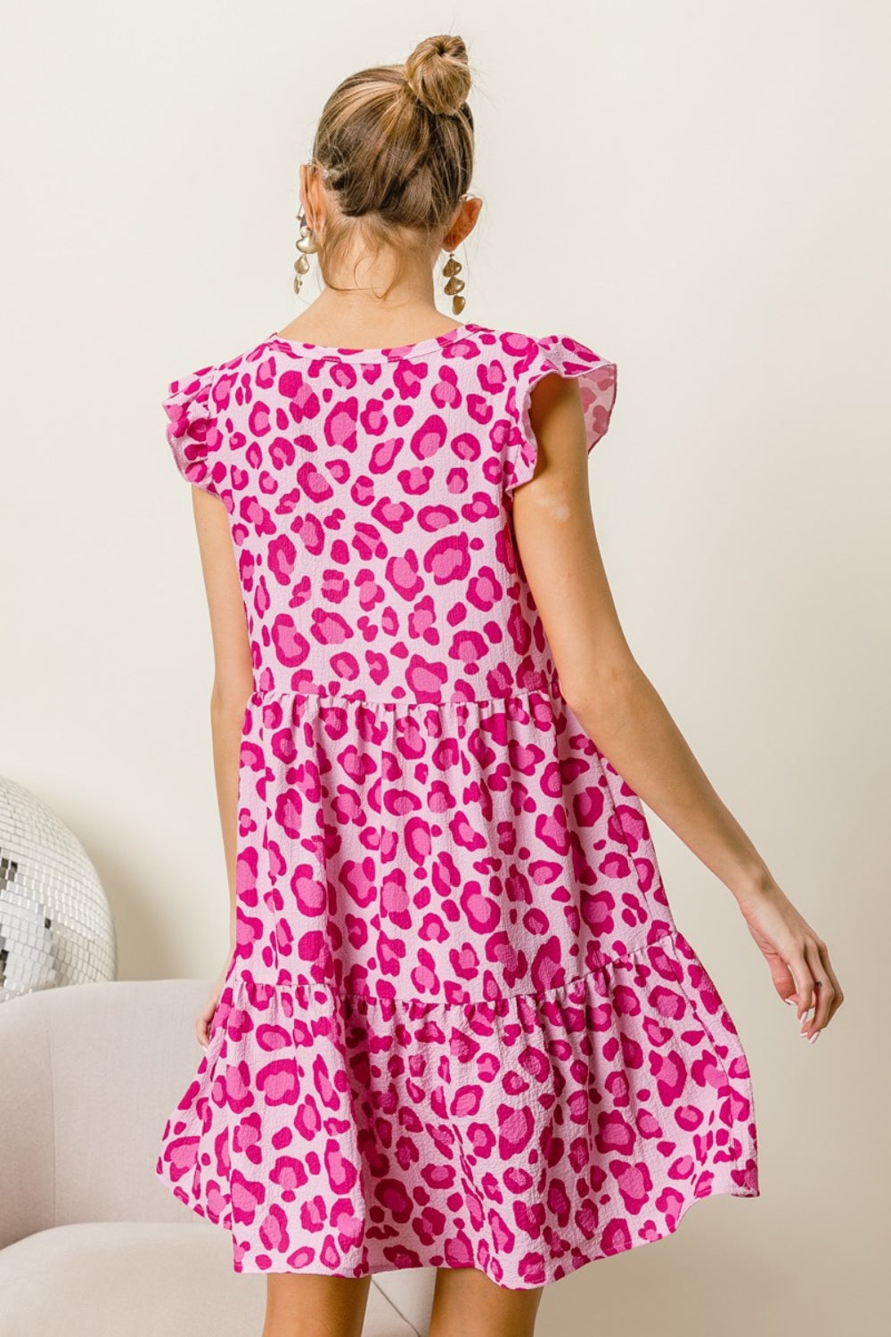 BiBi Leopard Cap Sleeve Tiered Mini Dress