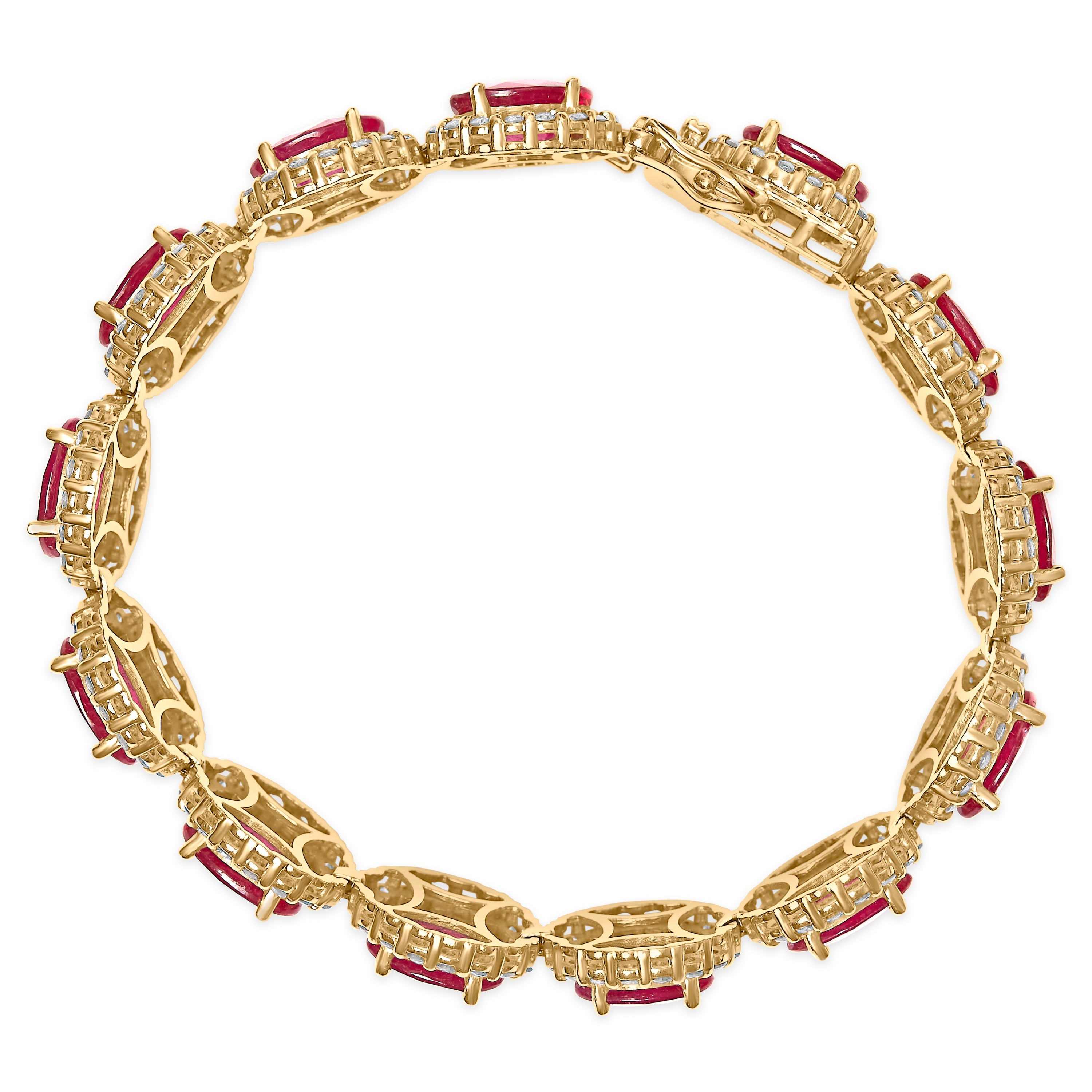 14K Yellow Gold 6 2/5 Cttw Diamond and 34.0 Cttw Oval Red Ruby Halo Link Bracelet I-J Color, SI1-SI2 Clarity - 7.25" Inches on sale at MyriadMart