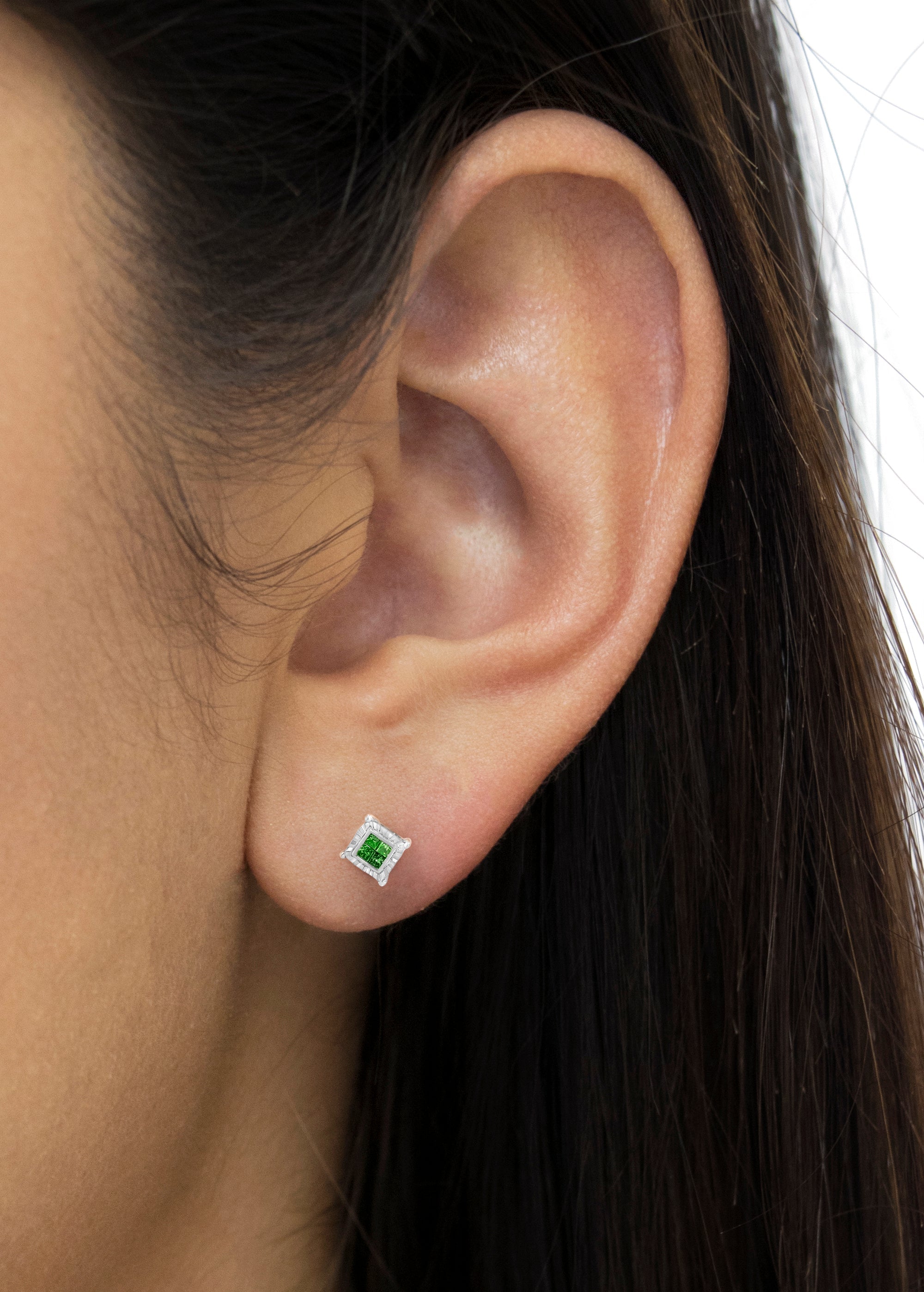 Sterling Silver Color Treated Princess Diamond Quad Stud Earring 1/2 cttw, Green Color, I1-I2 Clarity on sale at MyriadMart