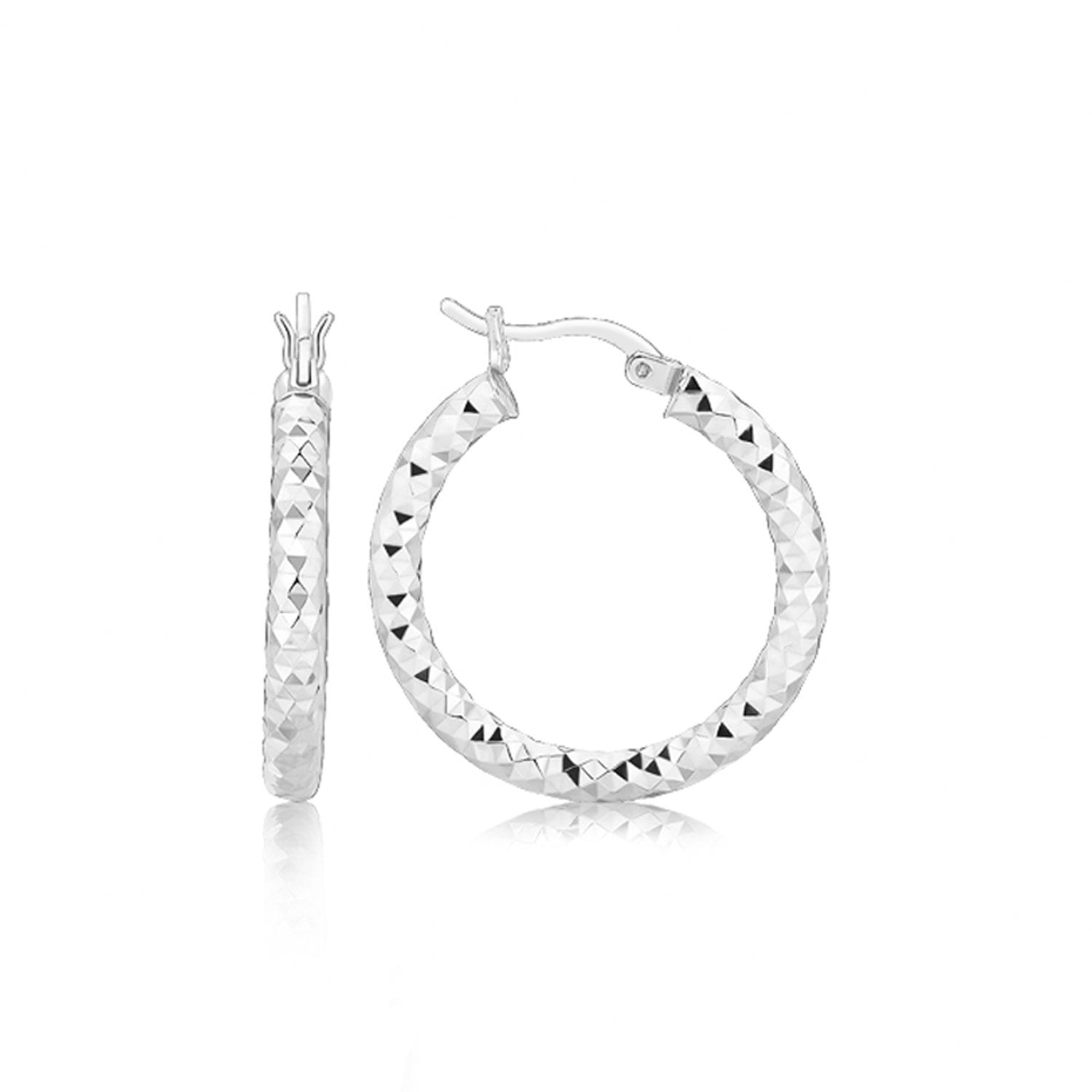 Sterling Silver Faceted Style Hoop Earrings with Rhodium Finishing on sale at MyriadMart