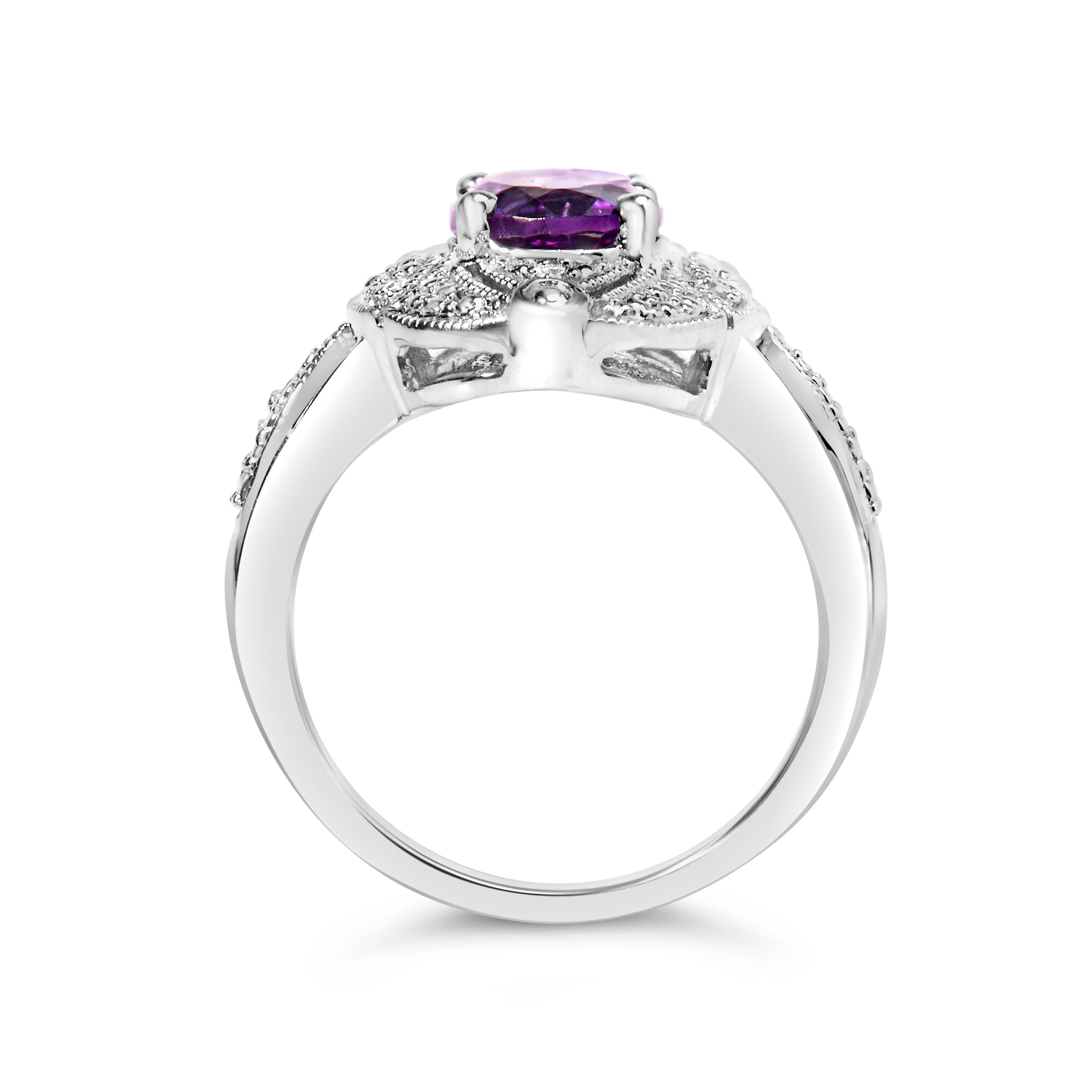 .925 Sterling Silver 9x7mm Oval Purple Amethyst and Diamond Accent Art Deco Style Cocktail Ring I-J Color, I1-I2 Clarity - Size 6 on sale at MyriadMart