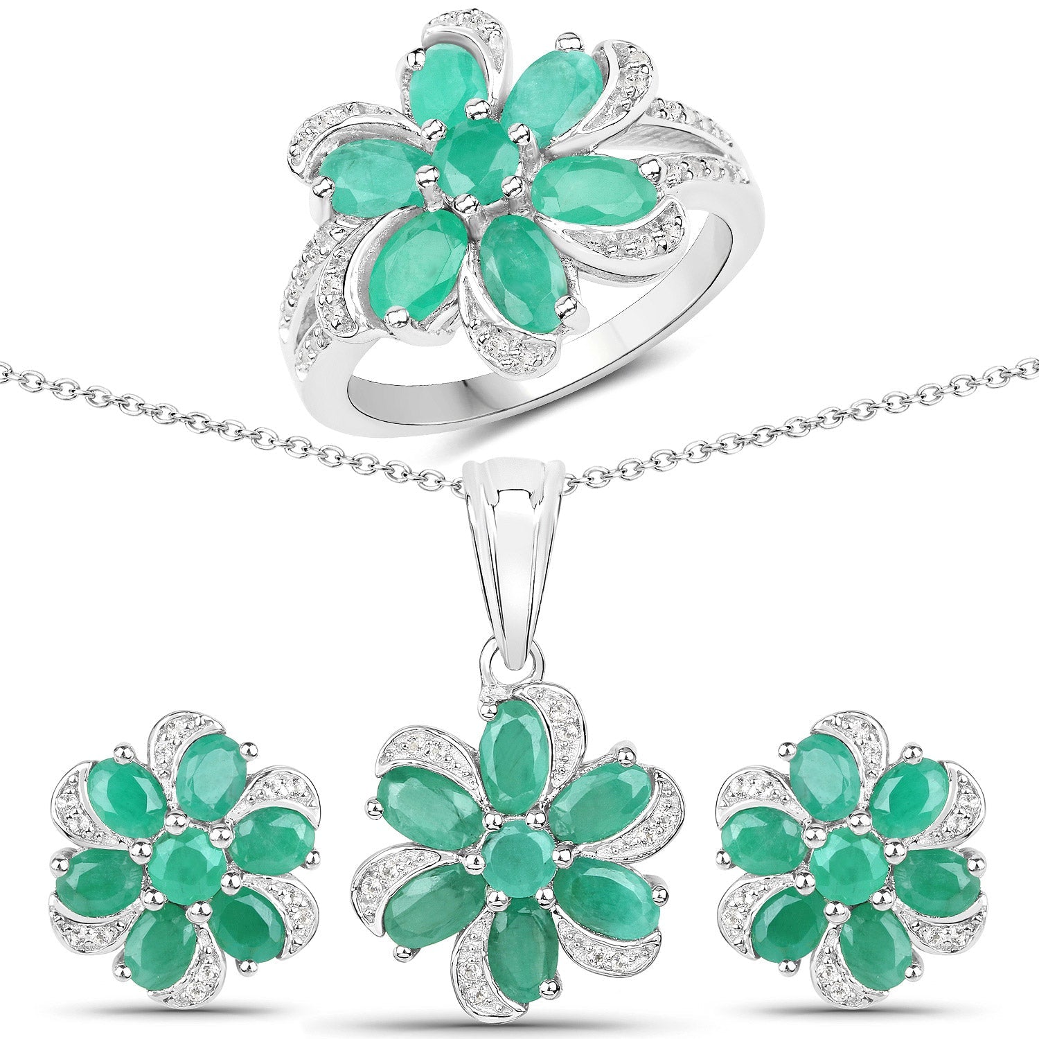7.84 Carat Genuine Emerald and White Topaz .925 Sterling Silver 3 Piece Jewelry Set Ring, Earrings, and Pendant w/ Chain on sale at MyriadMart