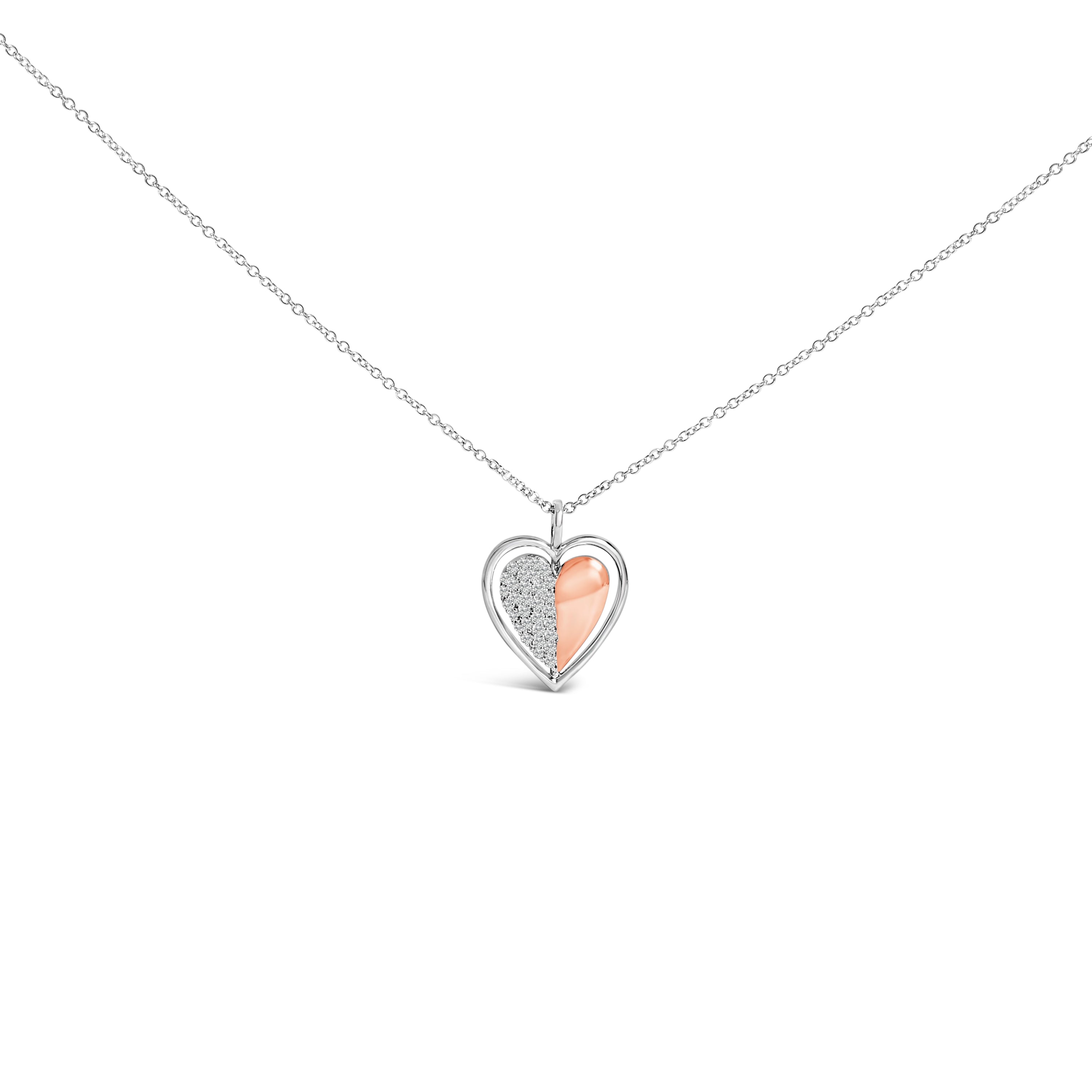 10K Rose Gold Plated Sterling Silver 1/5 Cttw Diamond Two-Tone Heart Pendant Necklace on sale at MyriadMart