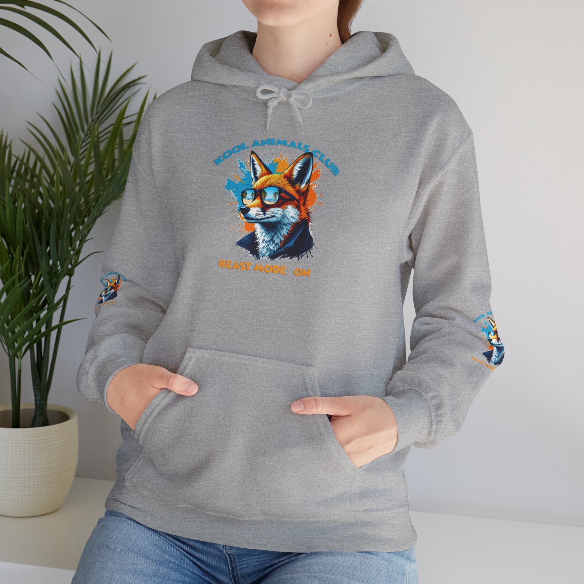 Kool Animals Club Hoodie with Cool Fox in Sunglasses and ‘Beast Mode On’ Design, Unisex Sweatshirt for Animal Lovers, Casual Streetwear, Perfect Gift for Holidays on sale at MyriadMart