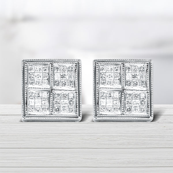 14K White Gold 1/2 Cttw Princess Diamond Composite Box Shape Milgrain Stud Earrings H-I Color, SI1-SI2 Clarity on sale at MyriadMart