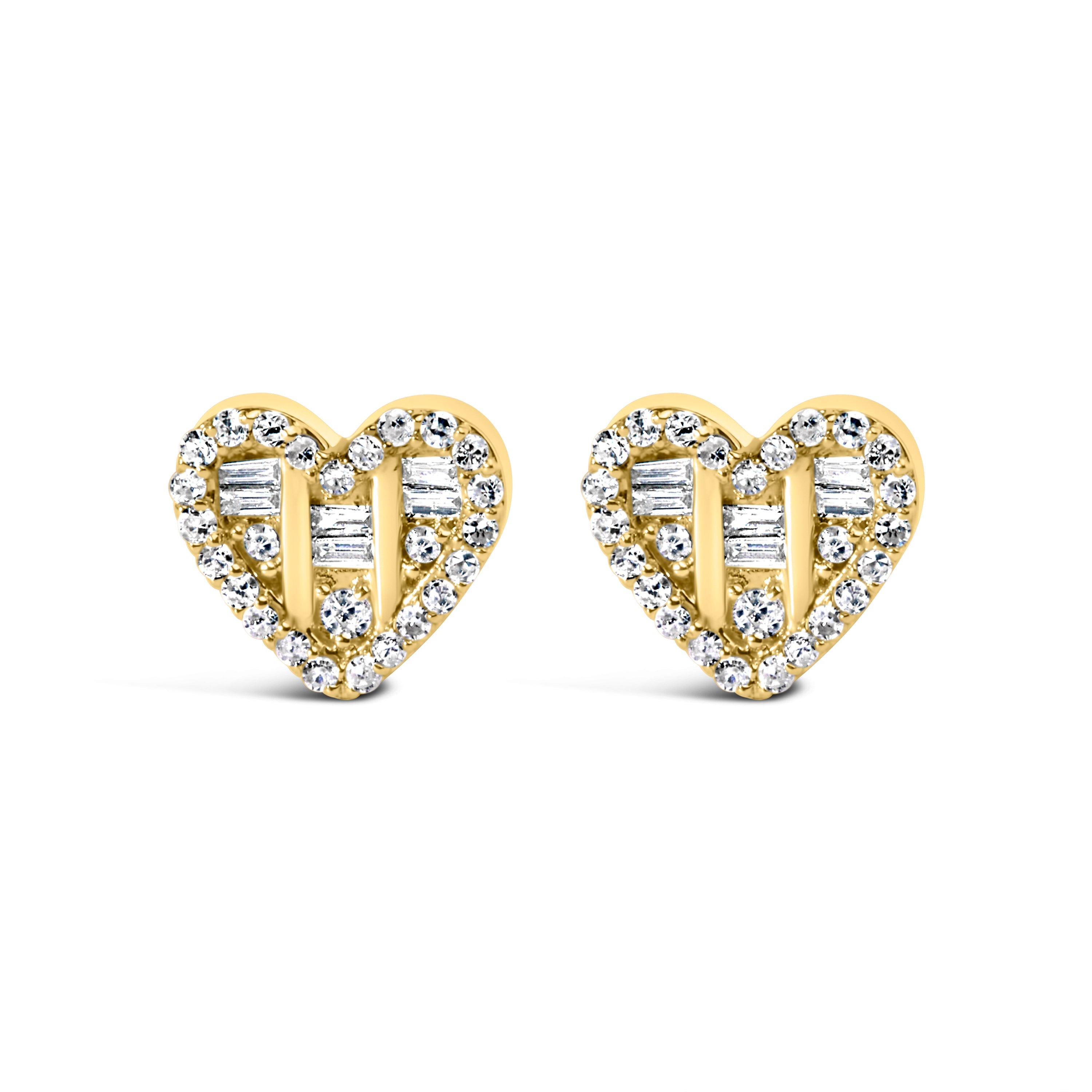 14K Yellow Gold Plated .925 Sterling Silver 1/2 Cttw Round and Baguette Diamond Composite Heart Shaped Stud Earring I-J Color, SI2-I1 Clarity on sale at MyriadMart