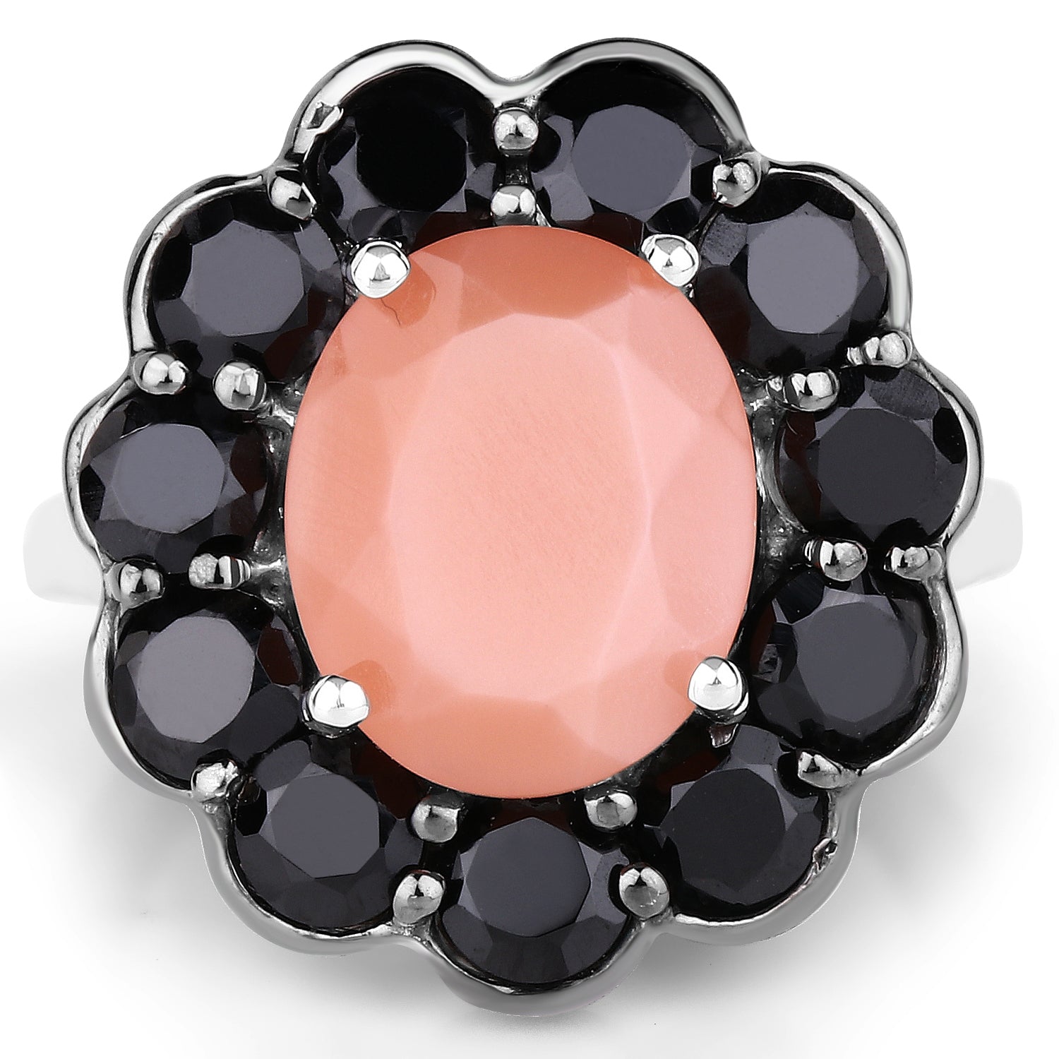 7.88 Carat Genuine Peach Moonstone and Black Spinel .925 Sterling Silver Ring on sale at MyriadMart