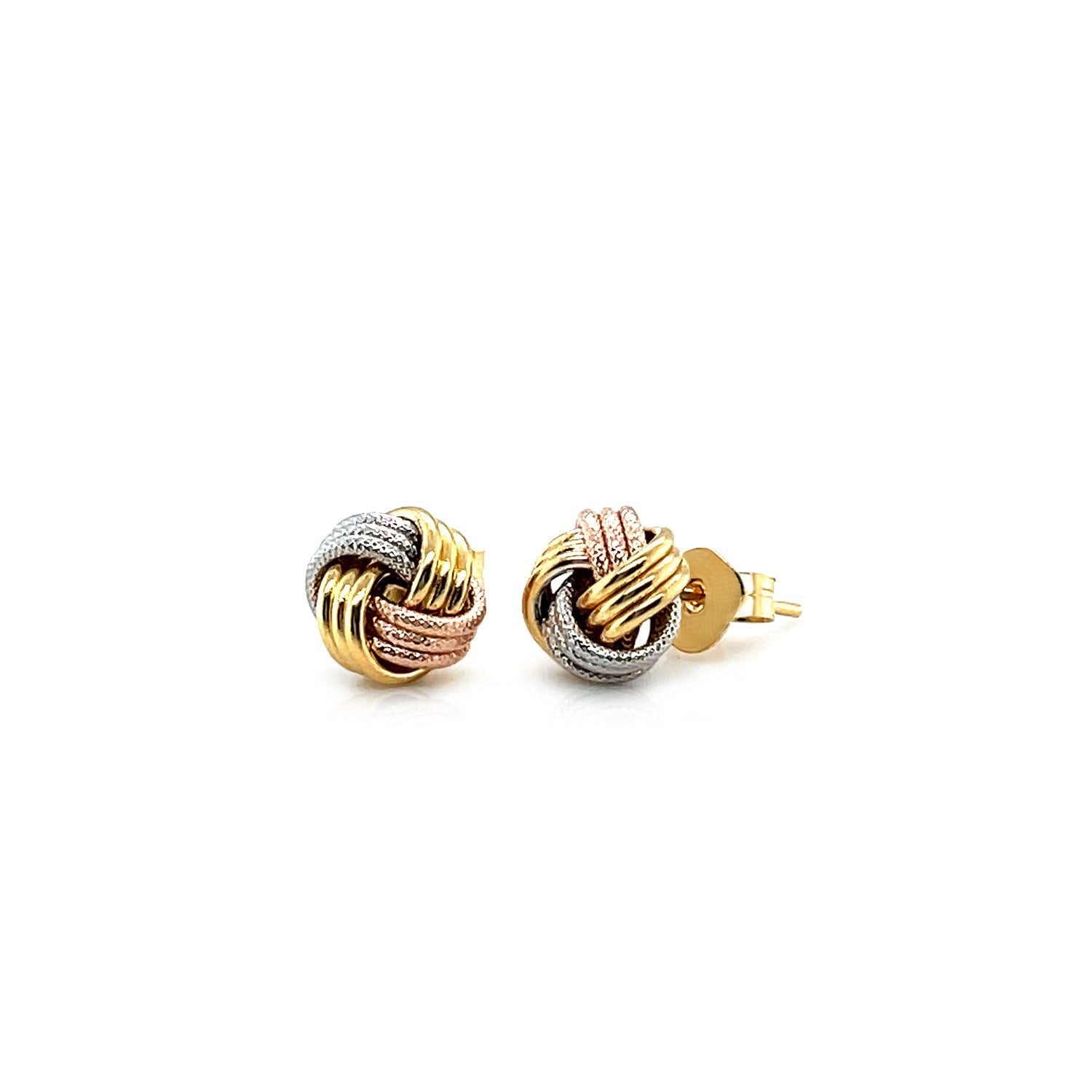 Love Knot Post Earrings in 14k Tri Color Gold on sale at MyriadMart