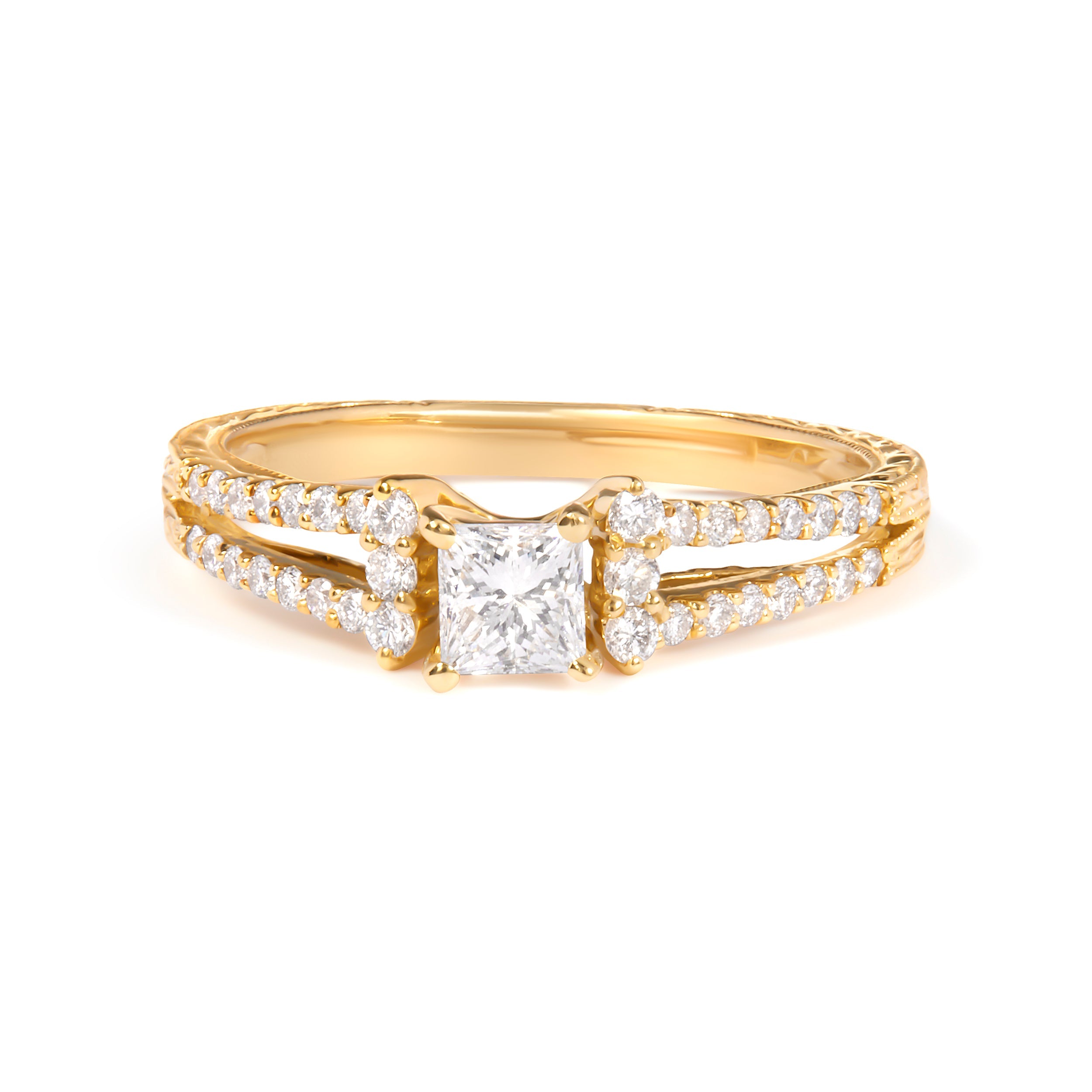 14K Yellow Gold Diamond 5/8 Cttw Princess Diamond Split Shank and Milgrain Engagement Ring G-H Color, VS2-SI1 Clarity - Size 7 on sale at MyriadMart