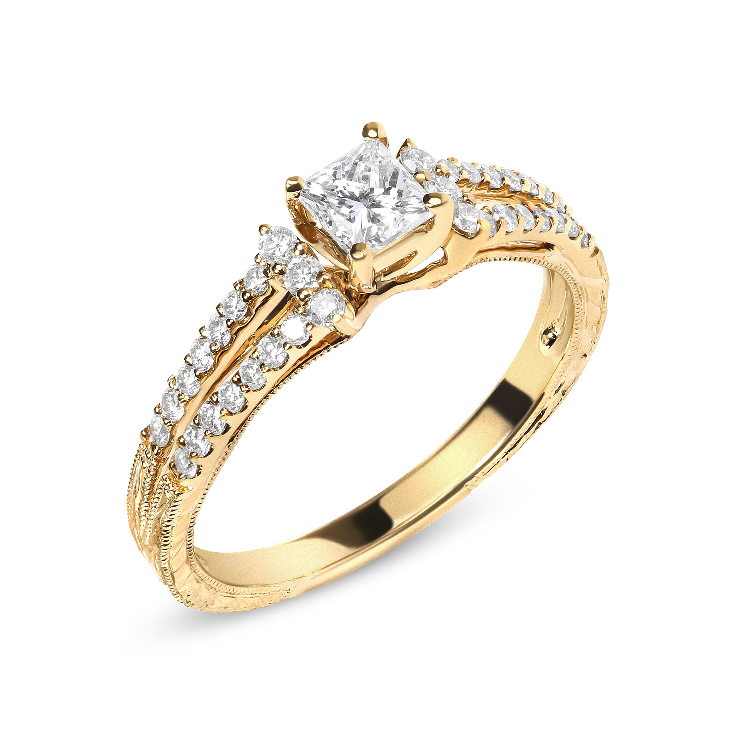 14K Yellow Gold Diamond 5/8 Cttw Princess Diamond Split Shank and Milgrain Engagement Ring G-H Color, VS2-SI1 Clarity - Size 7 on sale at MyriadMart
