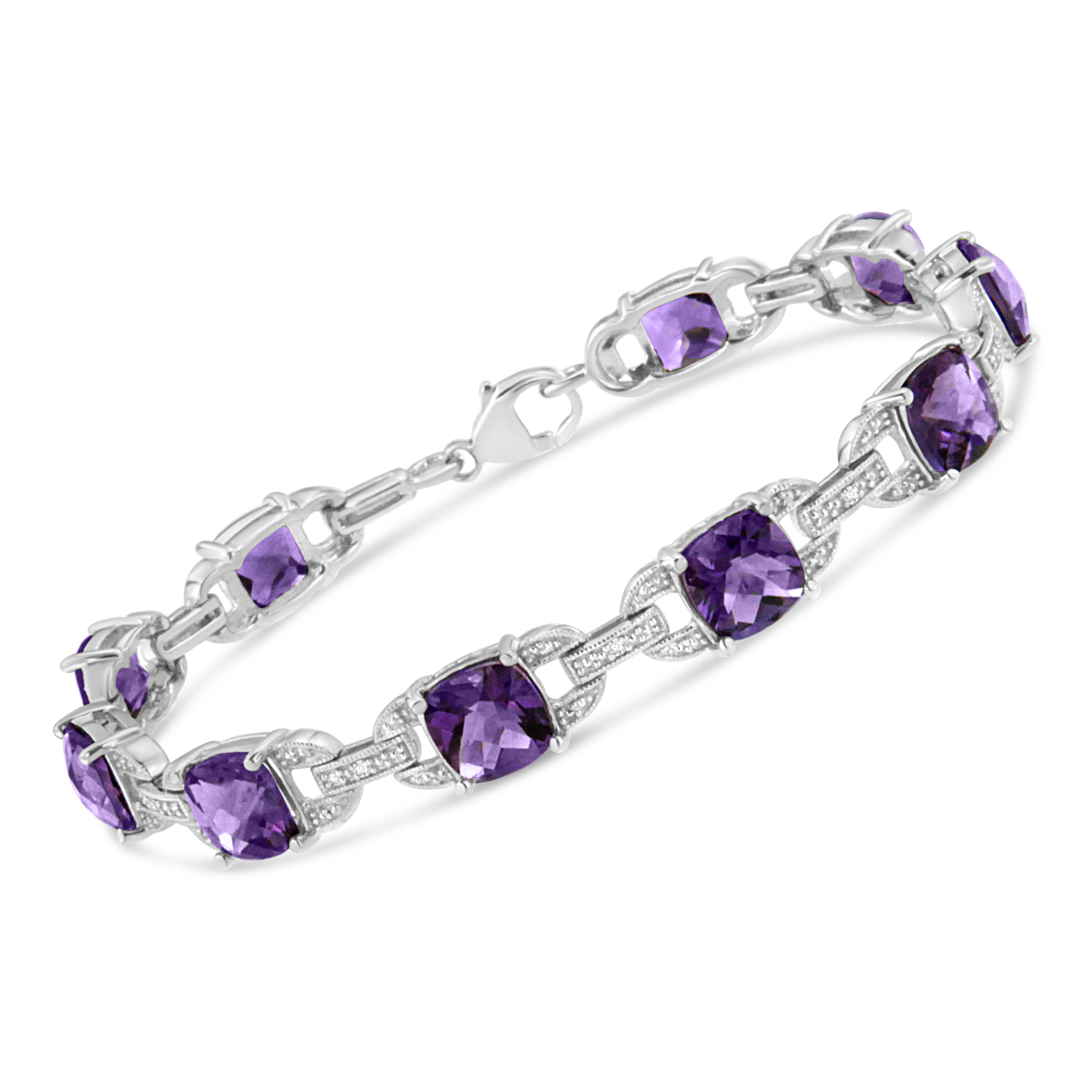 .925 Sterling Silver 7mm Cushion Cut Amethyst Gemstone and Diamond Tennis Link Bracelet I-J Color, I1-I2 Clarity - Size 7" on sale at MyriadMart