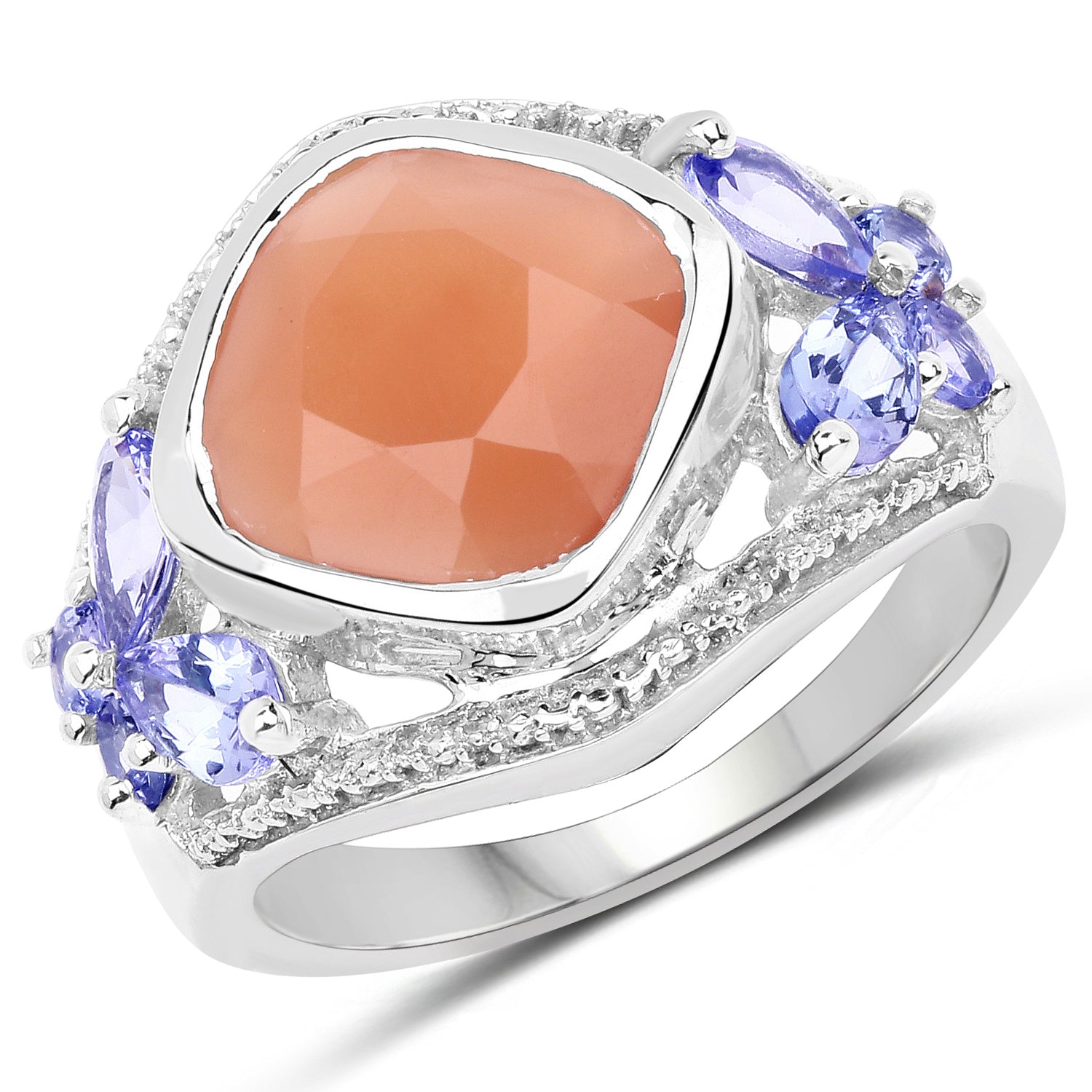 4.67 Carat Genuine Peach Moonstone and Tanzanite .925 Sterling Silver Ring on sale at MyriadMart