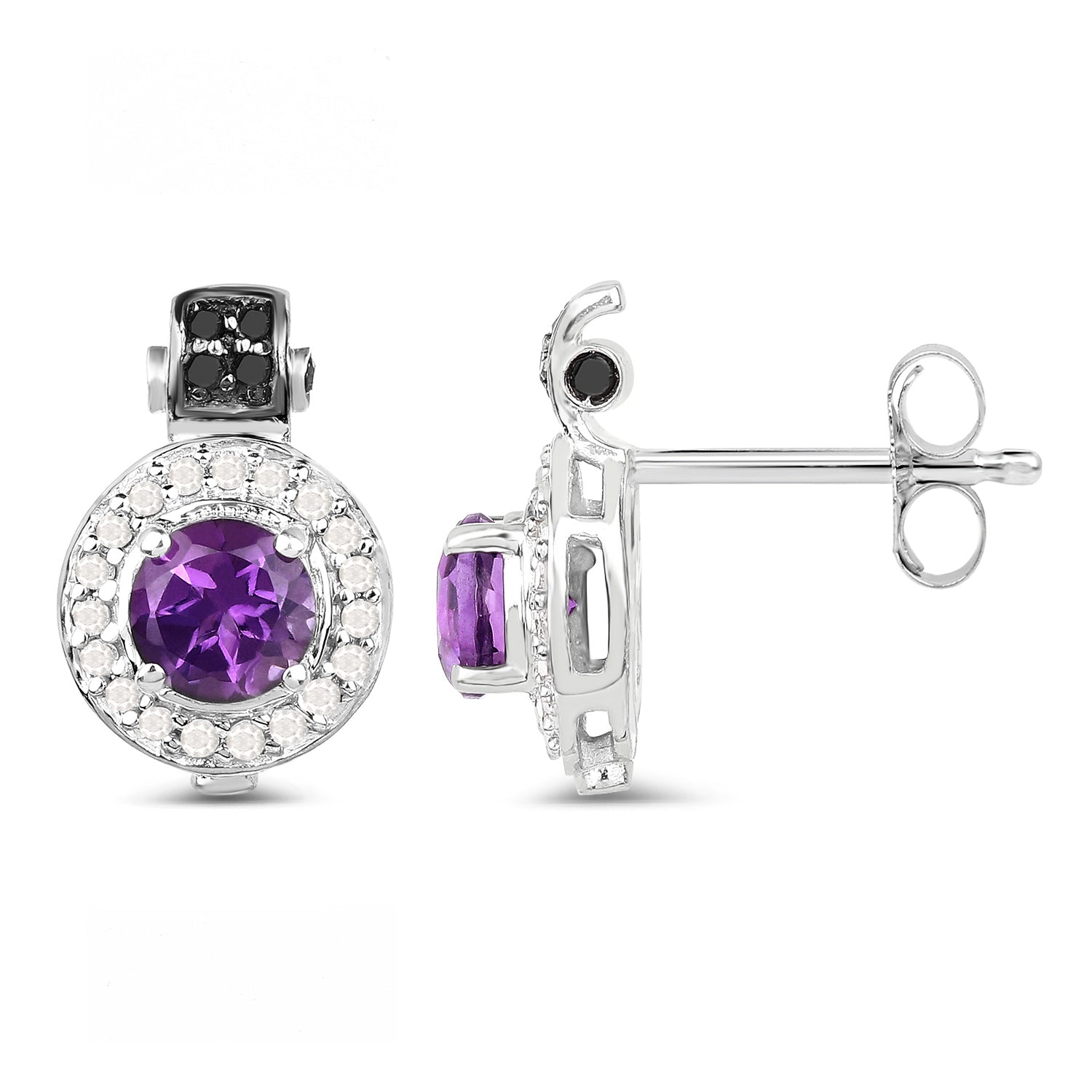 2.29 Carat Genuine Amethyst, Black Diamond and White Diamond .925 Sterling Silver Earrings on sale at MyriadMart