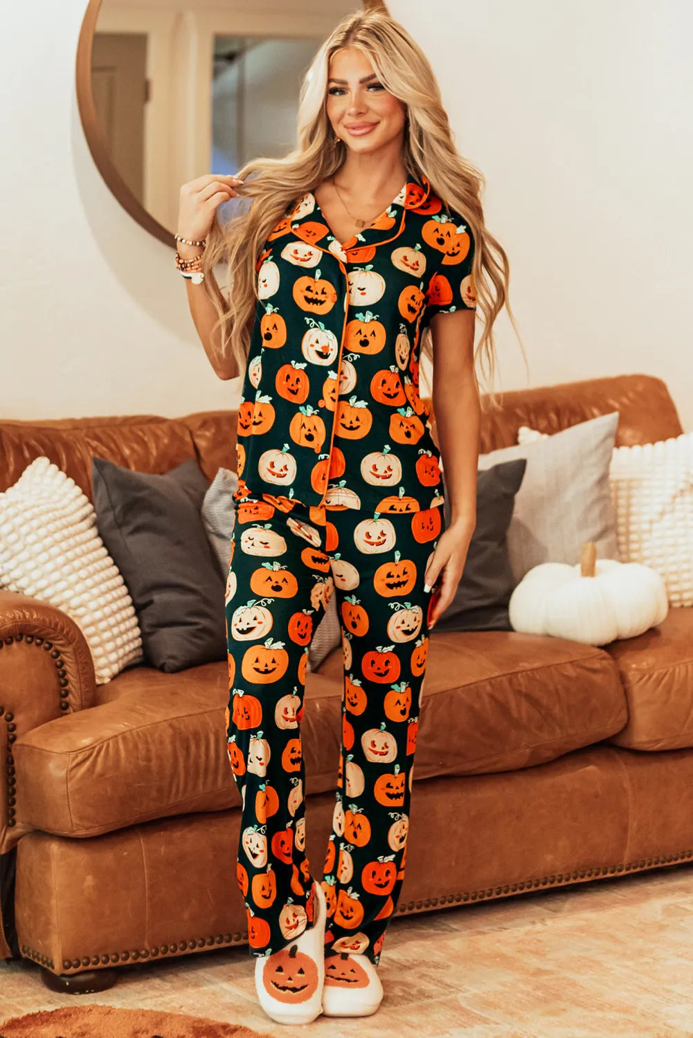 Pumpkin Printed Short Sleeve Top and Pants Lounge Set - MyriadMart