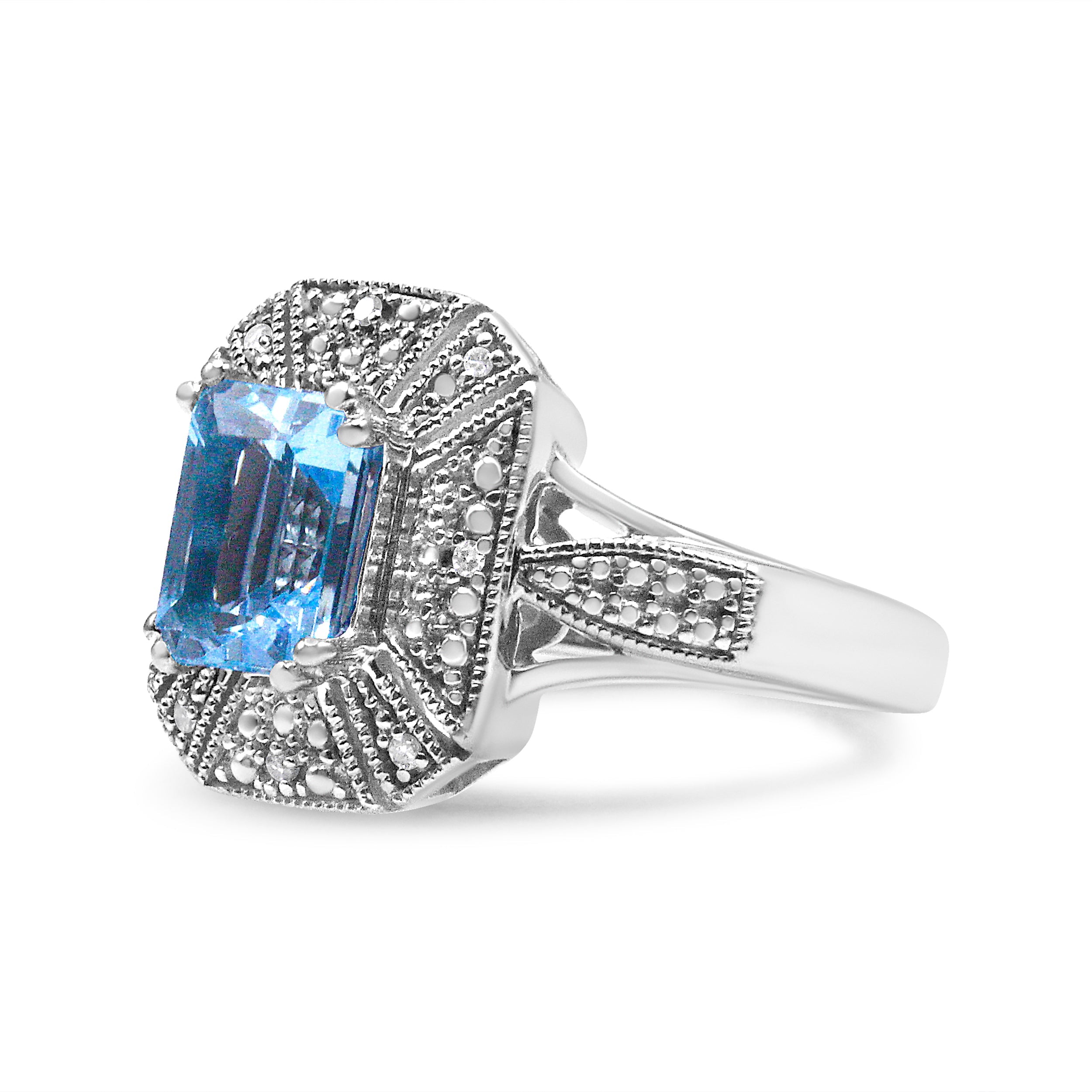 .925 Sterling Silver Diamond Accent and 8X6 mm Emerald-Shape Blue Topaz Ring I-J Color, I2-I3 Clarity - Ring Size 7 on sale at MyriadMart