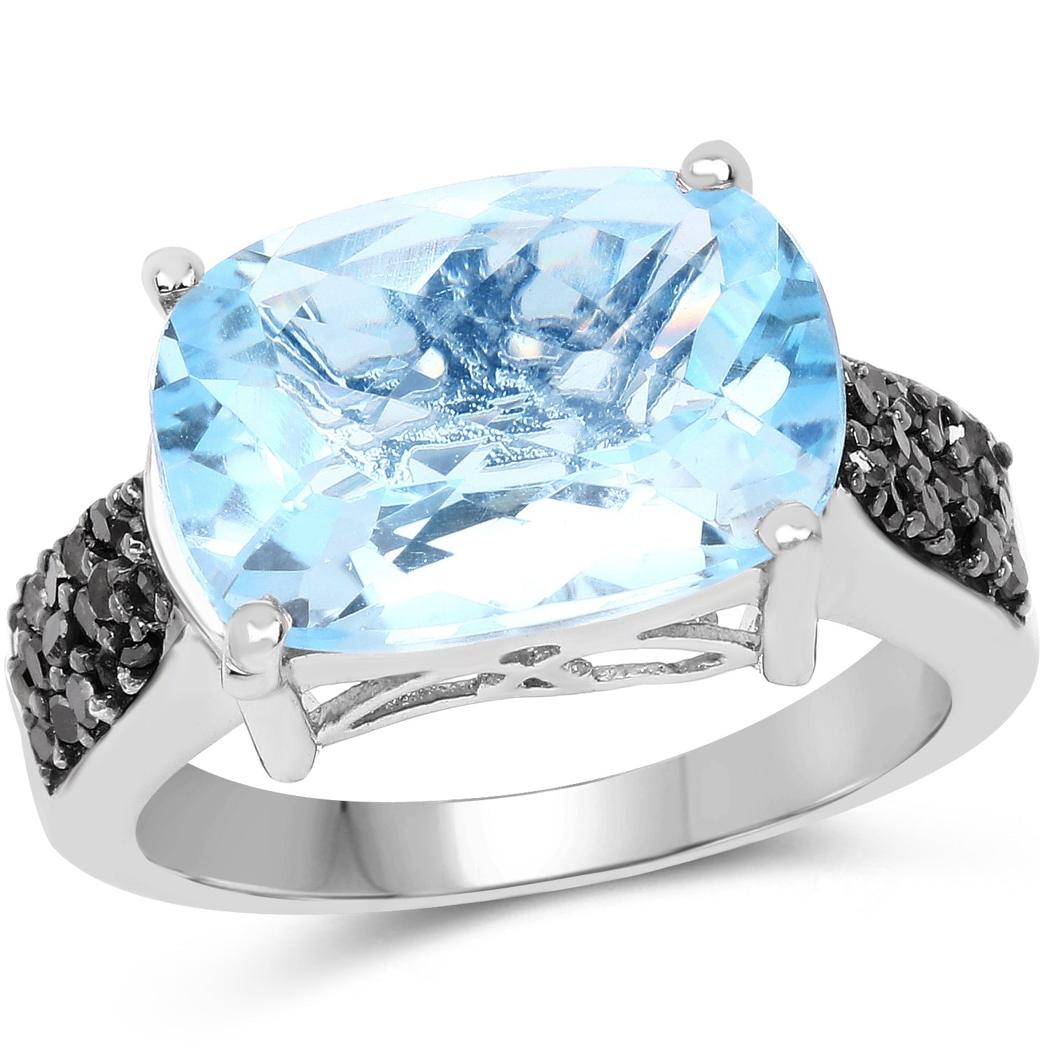 3.96 Carat Genuine Baby Swiss Blue Topaz and Black Diamond .925 Sterling Silver Ring on sale at MyriadMart