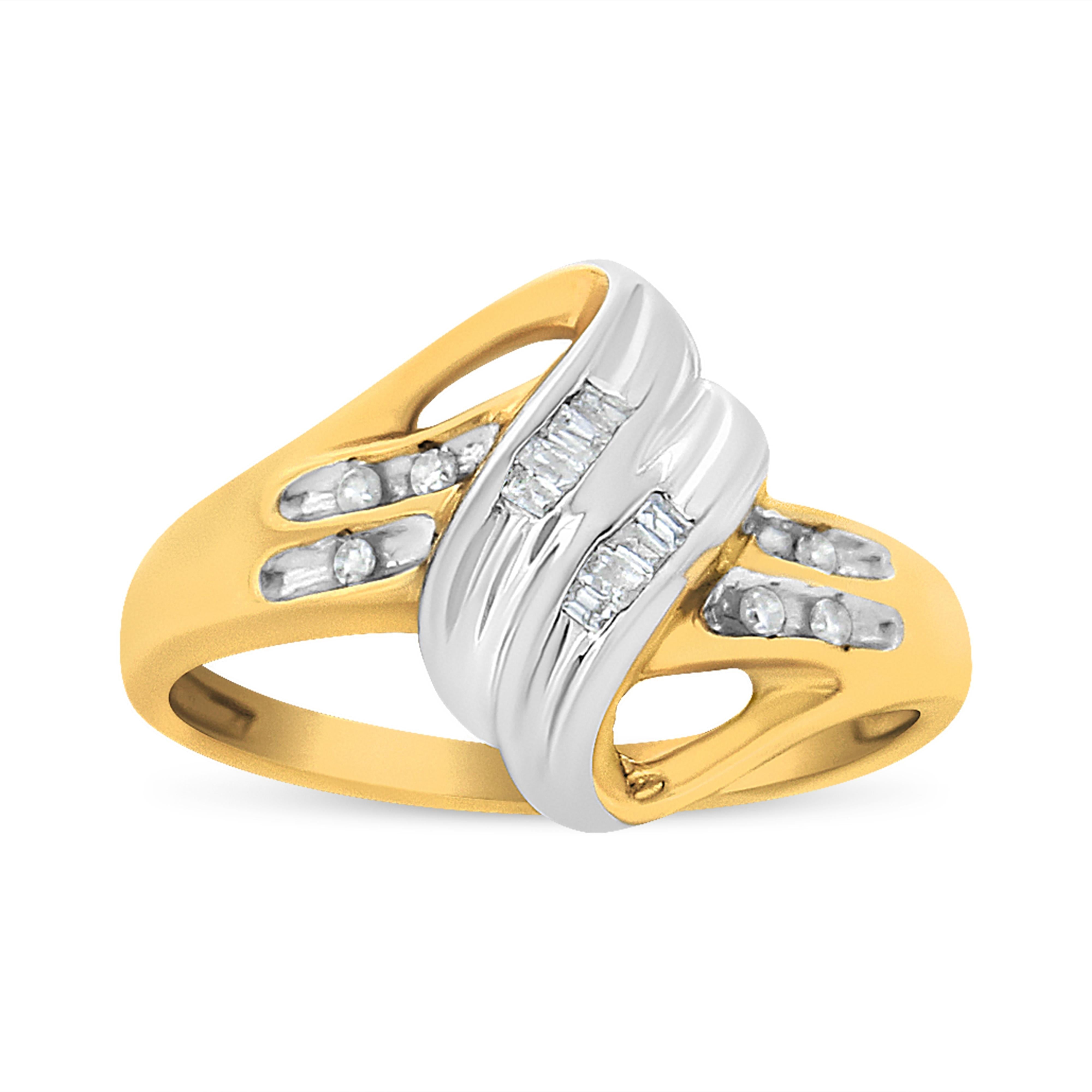 10K Yellow and White Gold 1/10 Cttw Baguette and Round-Cut Diamond Bypass Ring I2 Color, H-I Clarity - Size 7 on sale at MyriadMart