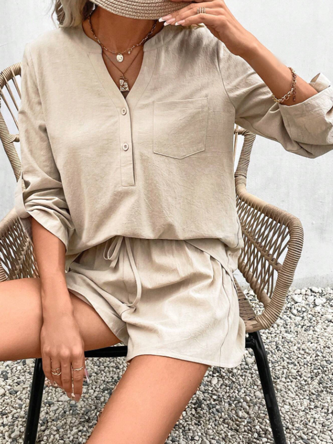 Notched Long Sleeve Top and Shorts Set