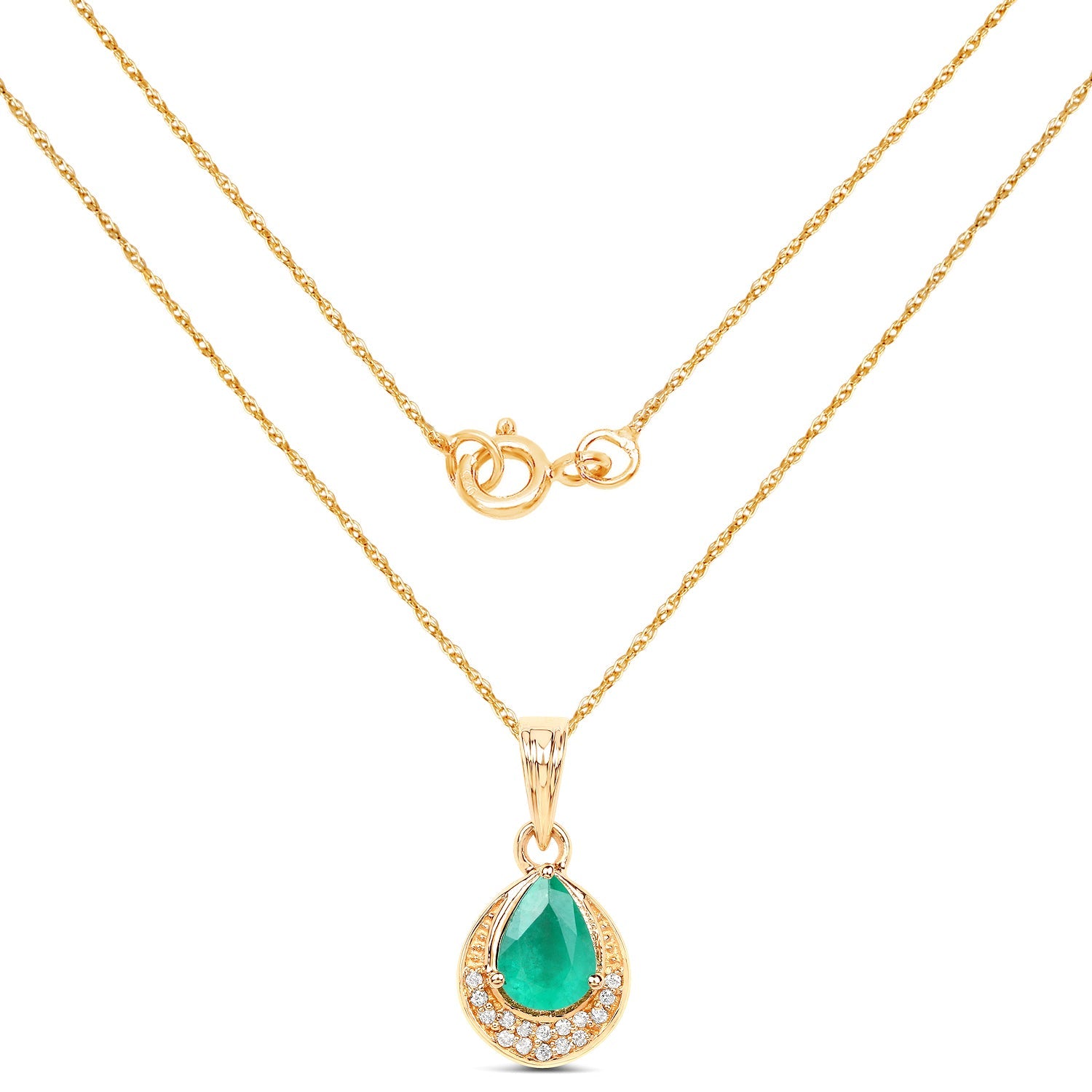 0.89 Carat Genuine Zambian Emerald and White Diamond 14K Yellow Gold Pendant on sale at MyriadMart