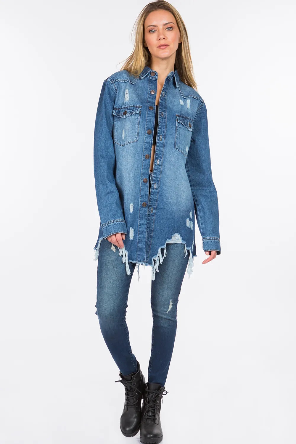 American Bazi Distressed Frayed Hem Denim Jacket - MyriadMart