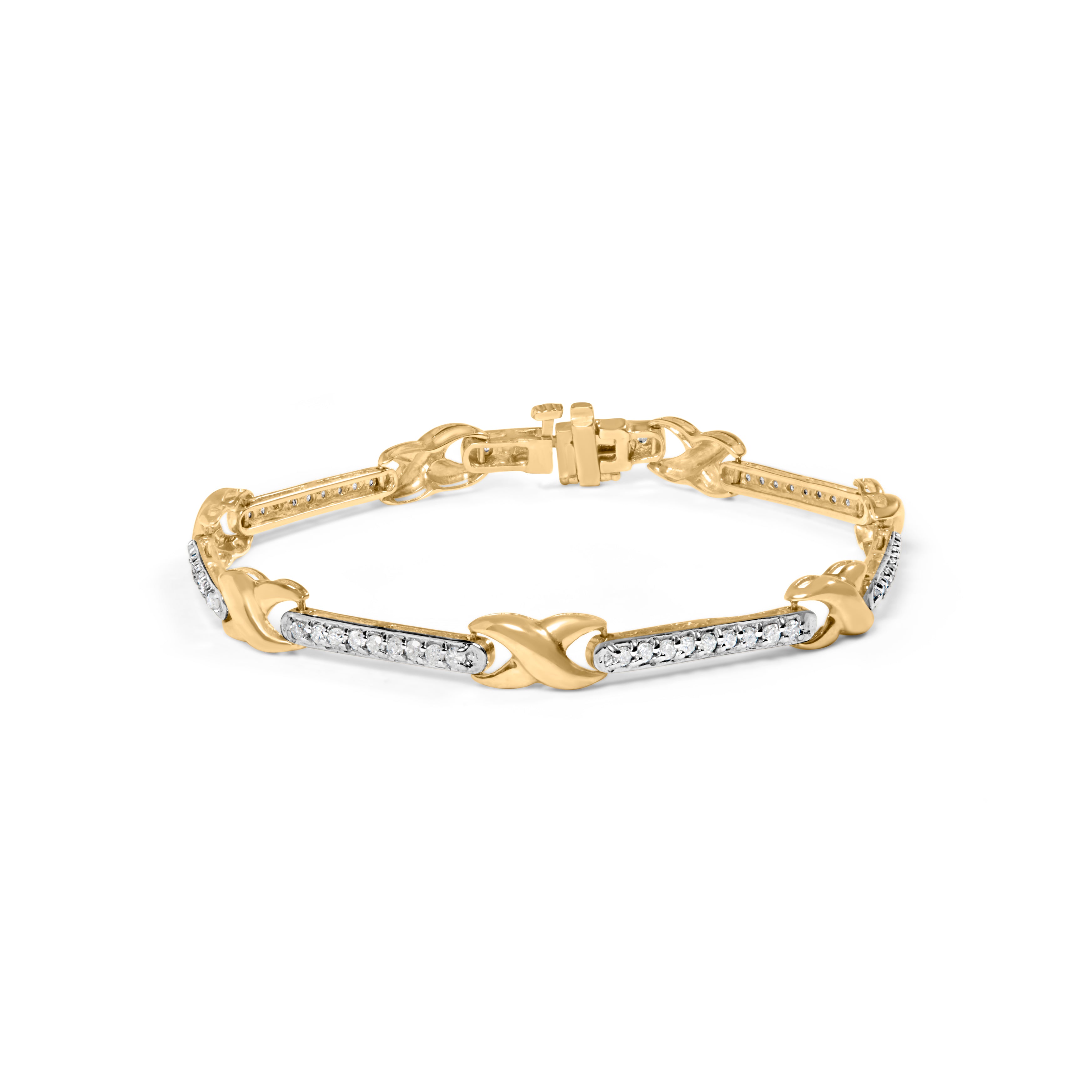 10K Yellow Gold 1.00 Cttw Pave Set Diamond Bar and  X-Link 7" Bracelet (I-J Color, I3 Quality)