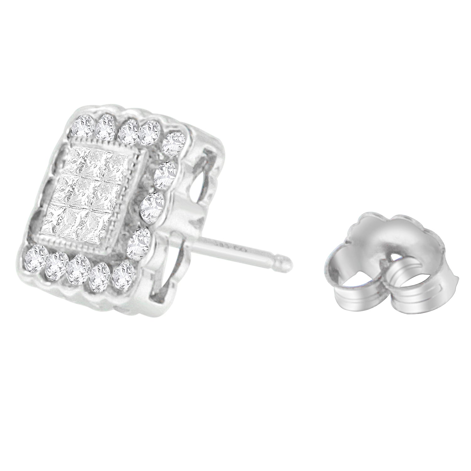 14K White Gold 1.0 Cttw Round Brilliant & Princess Cut Diamond Scallop-Edge Framed Square Halo Stud Earrings G-H Color, SI1-SI2 Clarity on sale at MyriadMart
