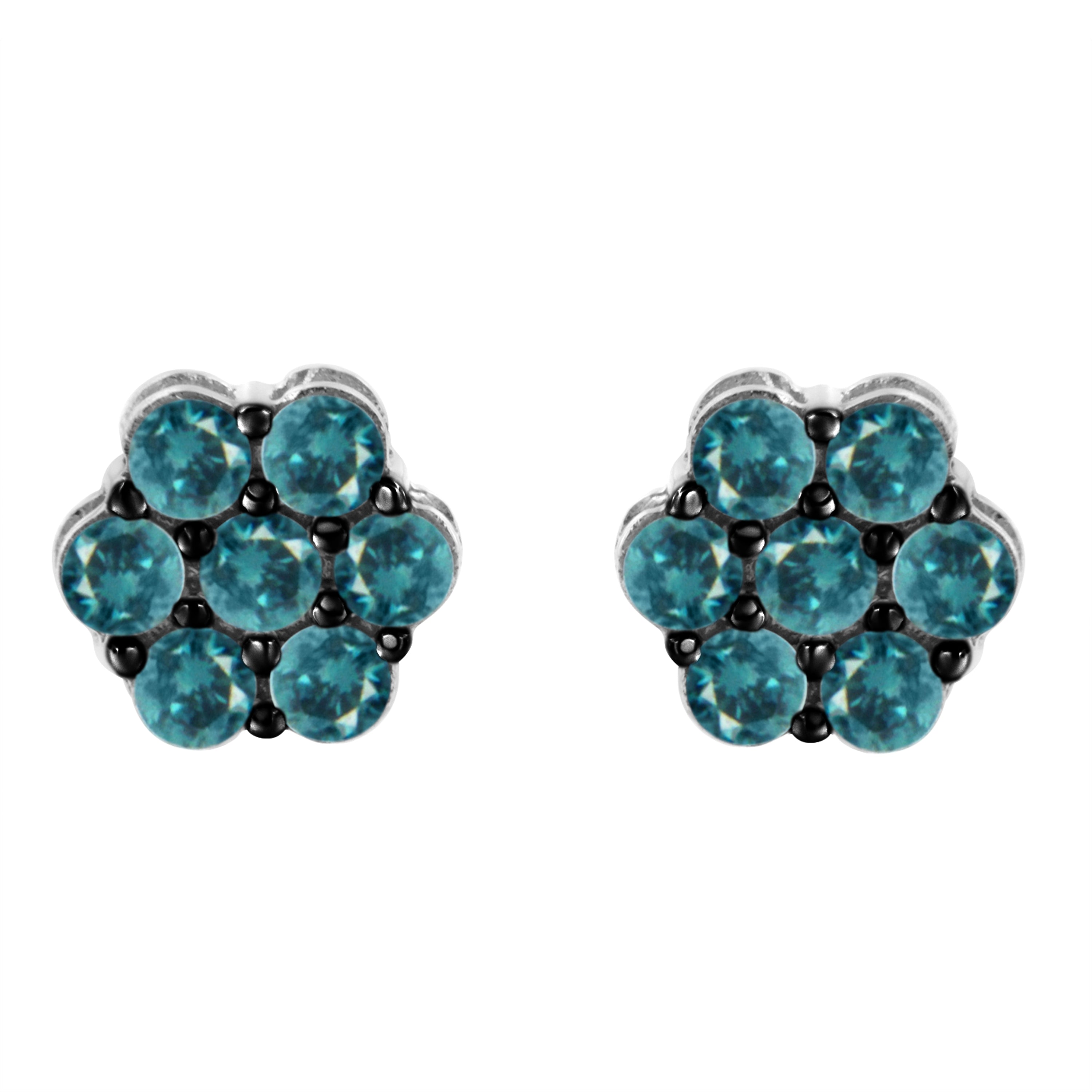 Sterling Silver Treated Blue Diamond Floral Stud Earrings 1 cttw, Blue Color, I2-I3 Clarity on sale at MyriadMart