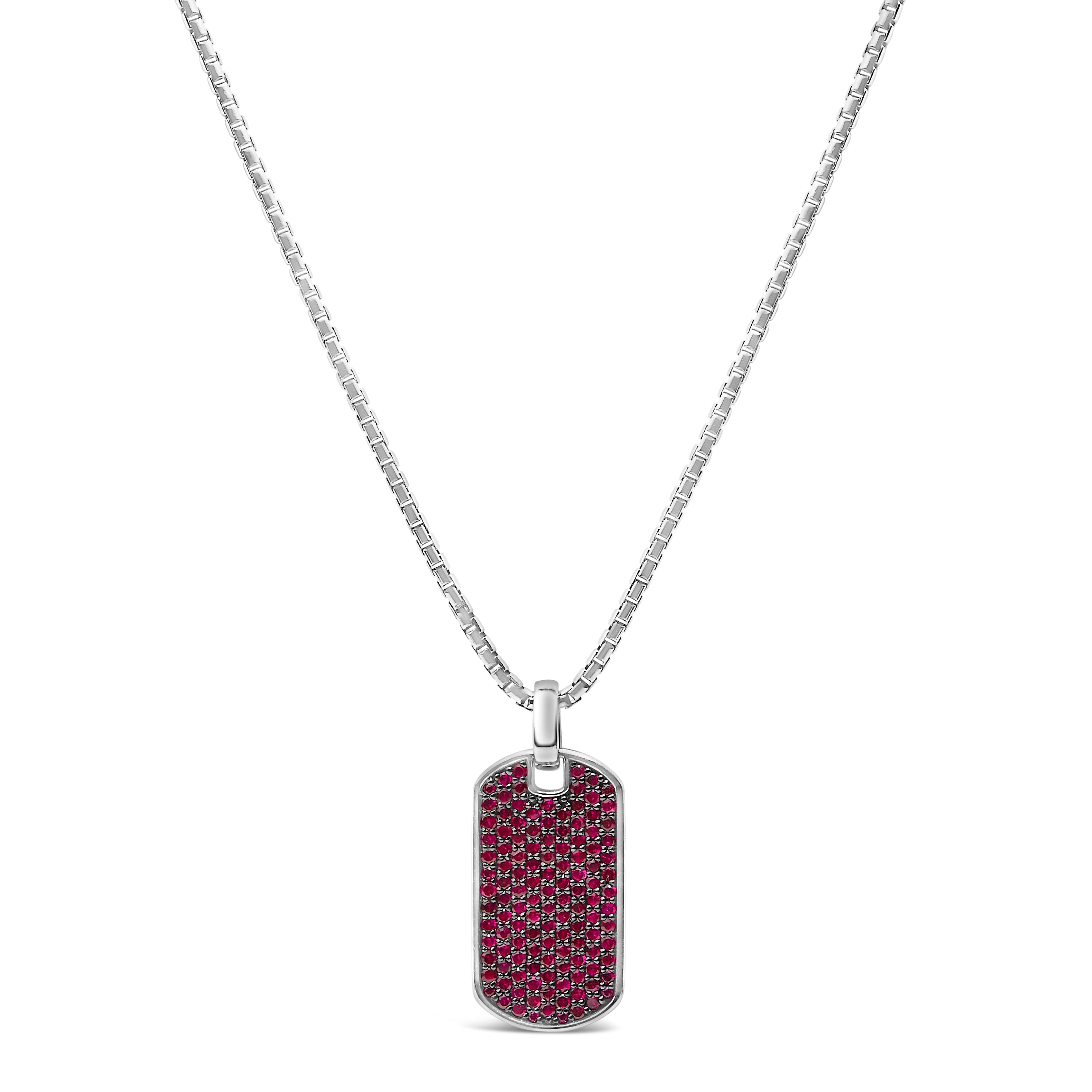 Men's .925 Sterling Silver Created Red Ruby Dog Tag Pendant Necklace - 22" Inches on sale at MyriadMart