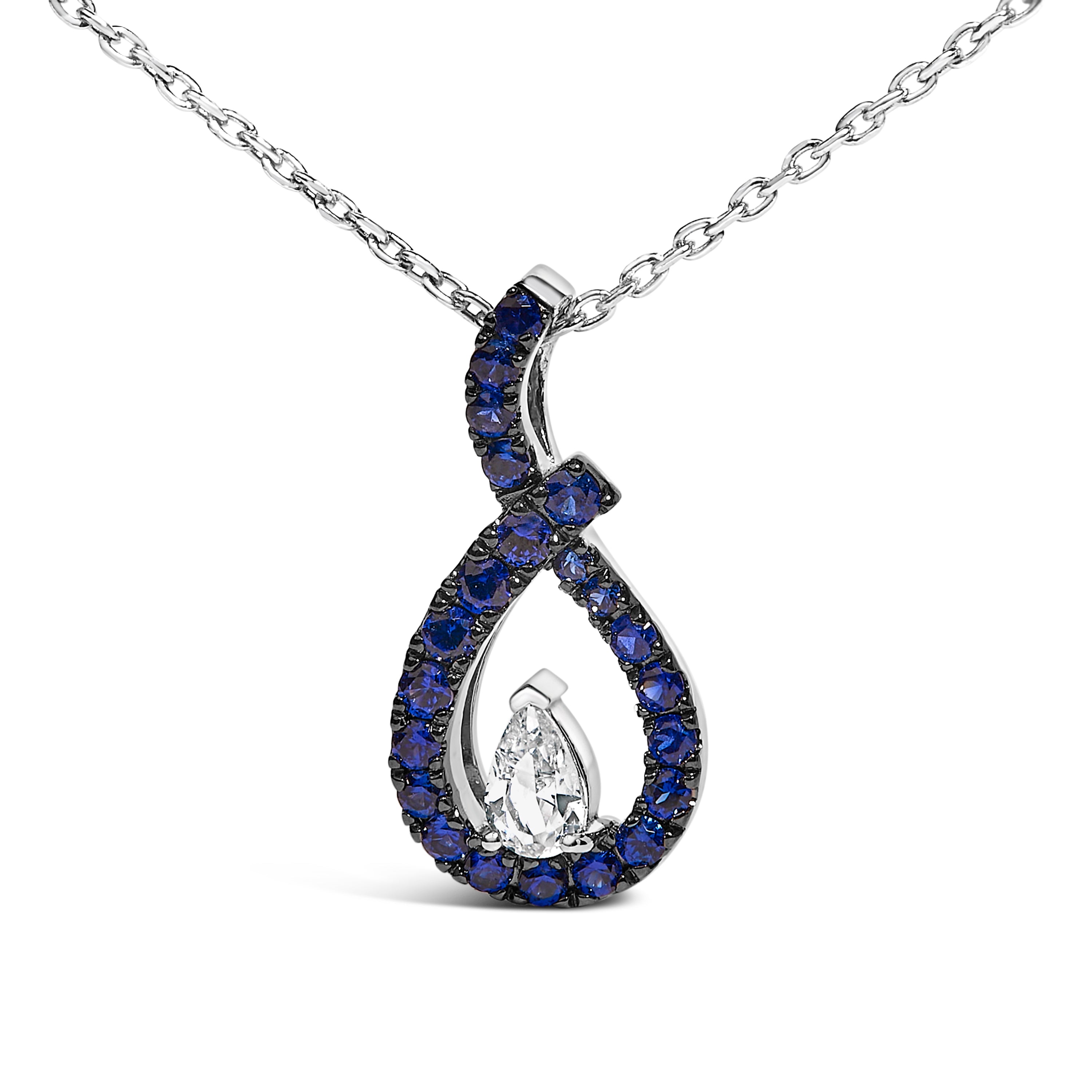.925 Sterling Silver Created Blue and White Sapphire Teardrop Shaped Pendant Necklace - 18" Inches on sale at MyriadMart