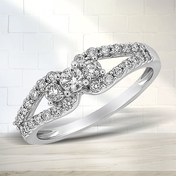 10K White Gold 1/2 Cttw Round Cut Diamond Three Stone Split Shank Band Ring H-I Color, SI1-SI2 Clarity - Size 6 on sale at MyriadMart